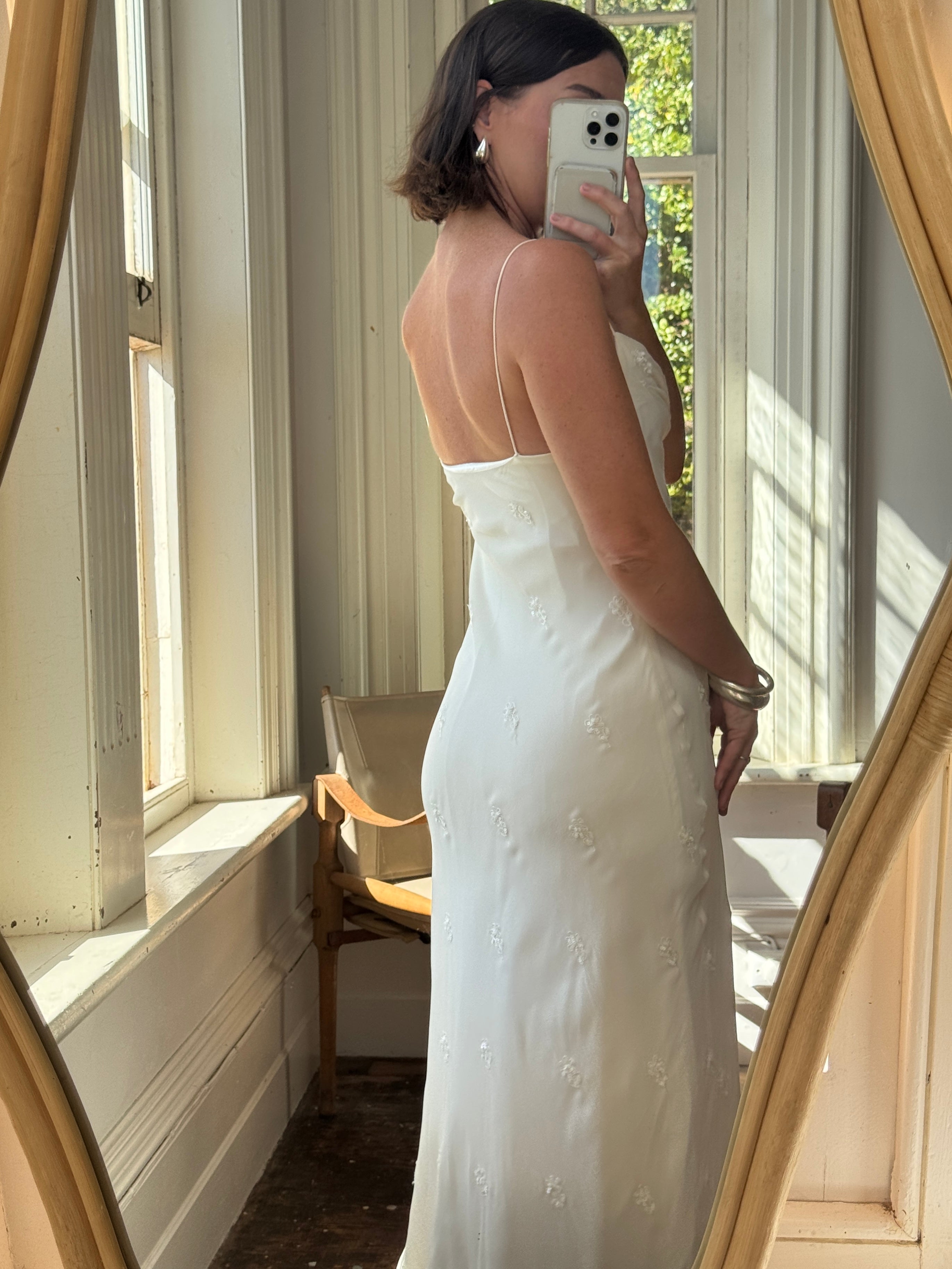 Vintage 90s Pure Silk Bias Cut Slip Embroidered Wedding Dress