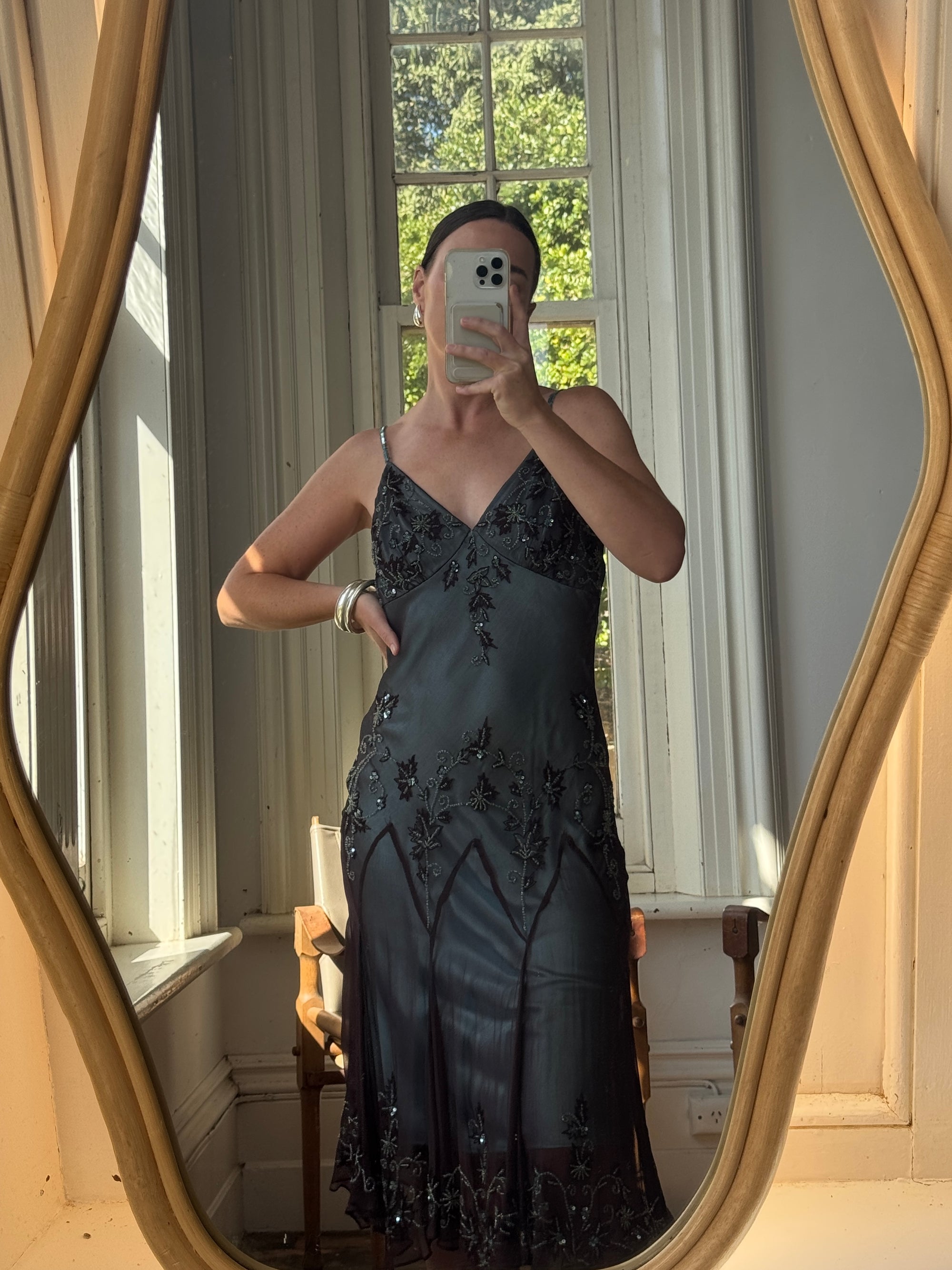 Vintage 90s Indigo Pure Silk Beaded Dress
