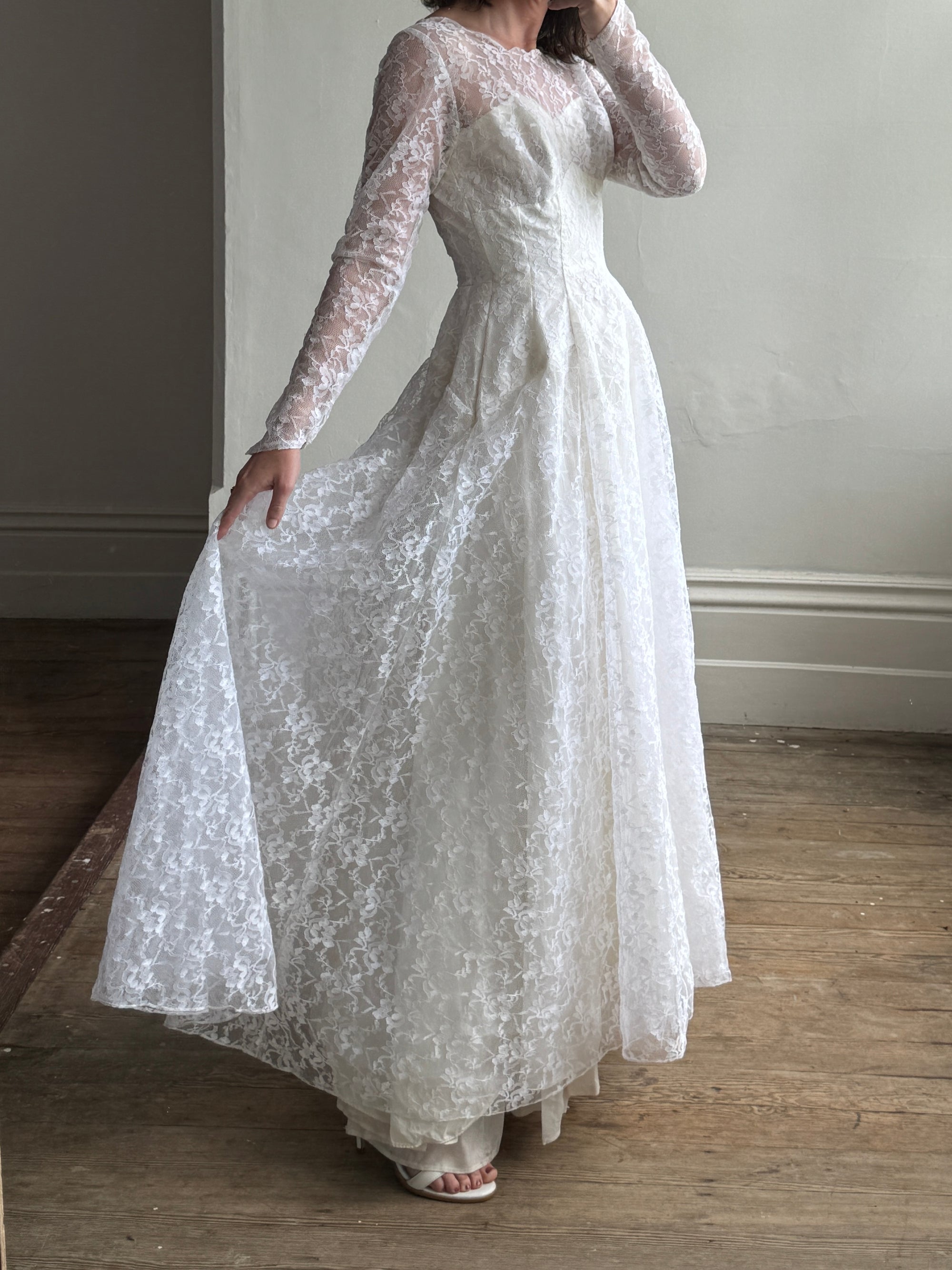 Vintage 50s Long Sleeved Princess Lace Bridal Gown