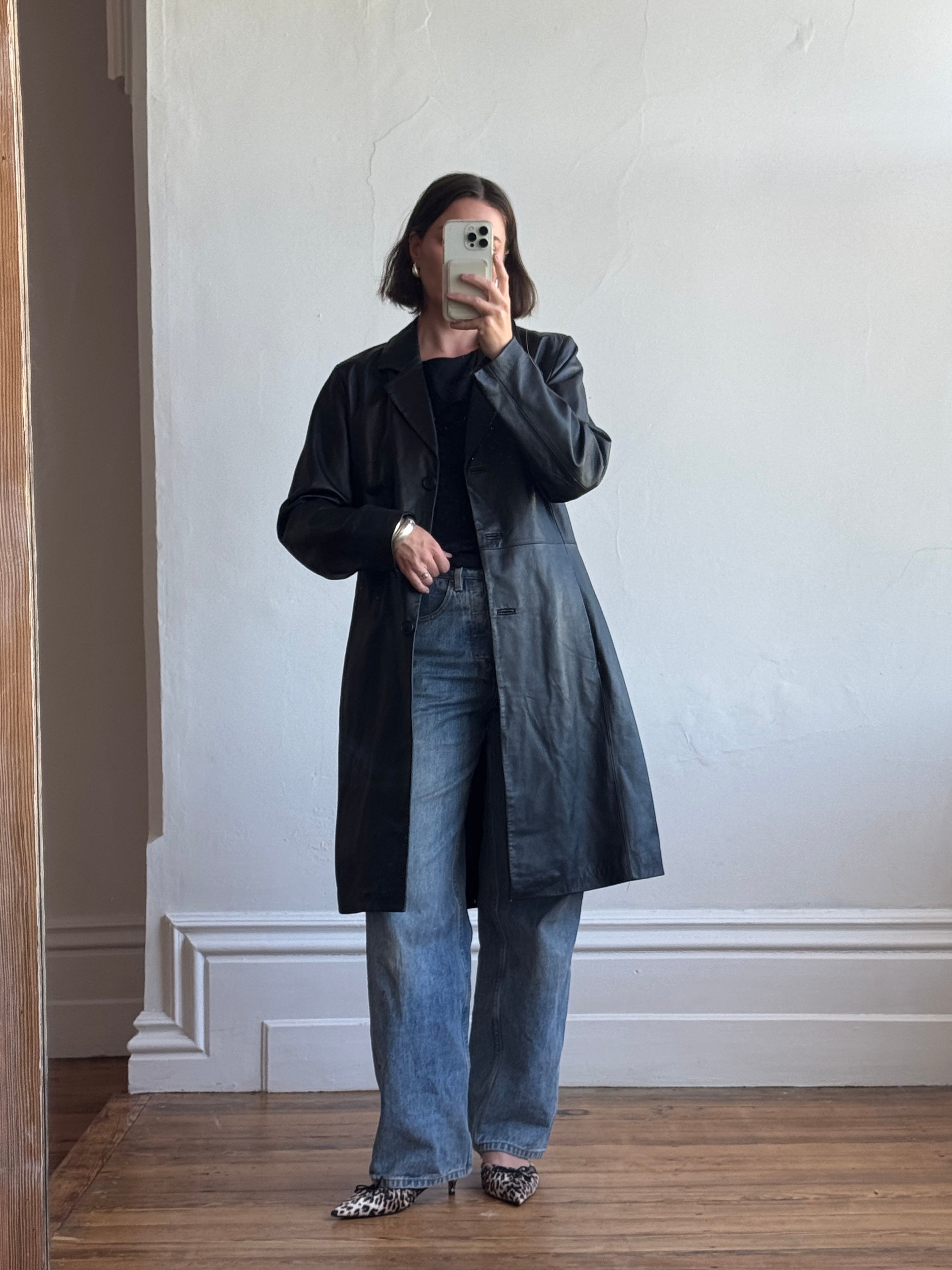 Vintage 90s Leather Mid Length Trench