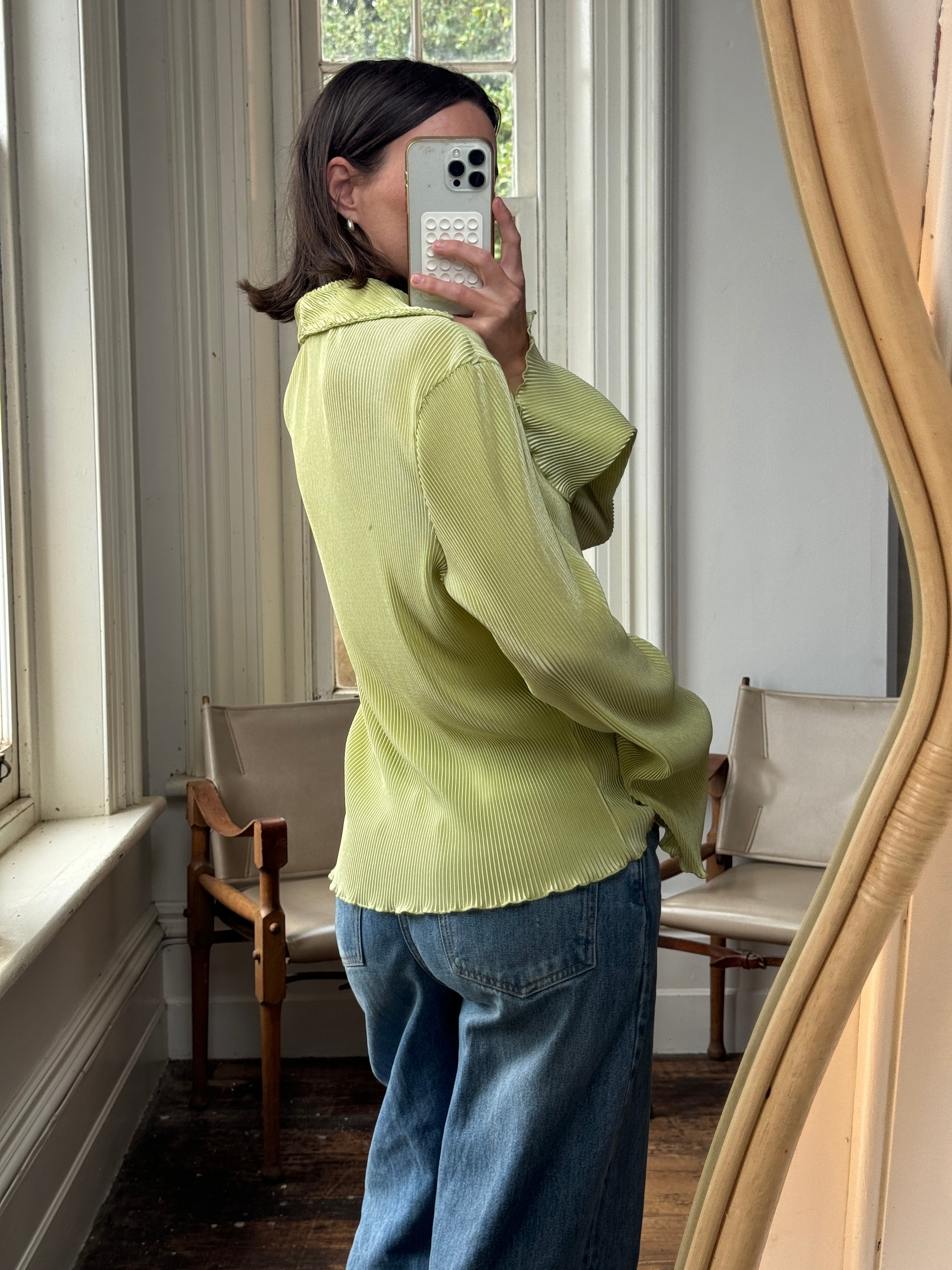 Vintage 90s Lime Pleated Button Up Blouse