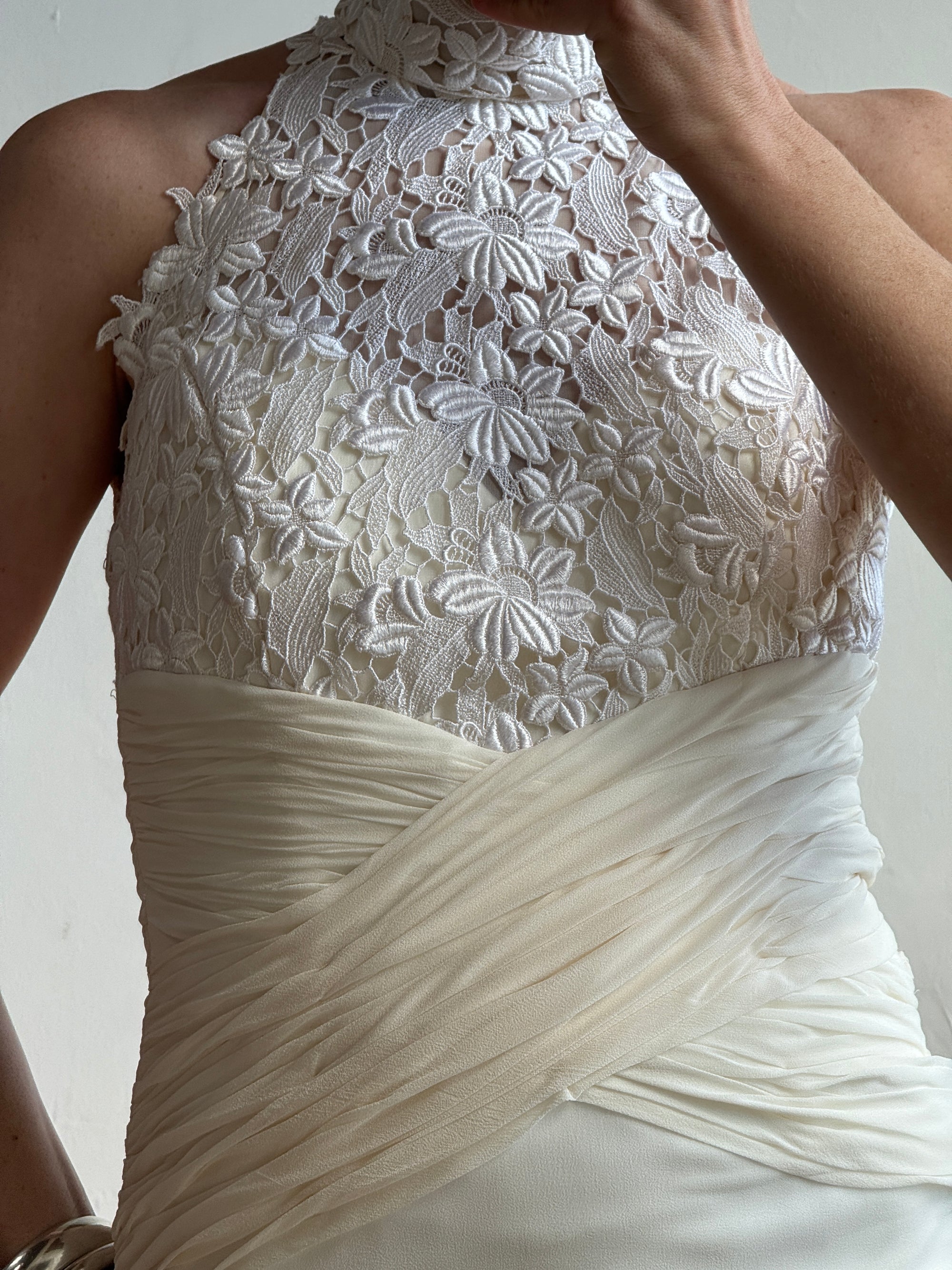 Vintage 90s High Front Lace Midi Dress with Pure Silk Train