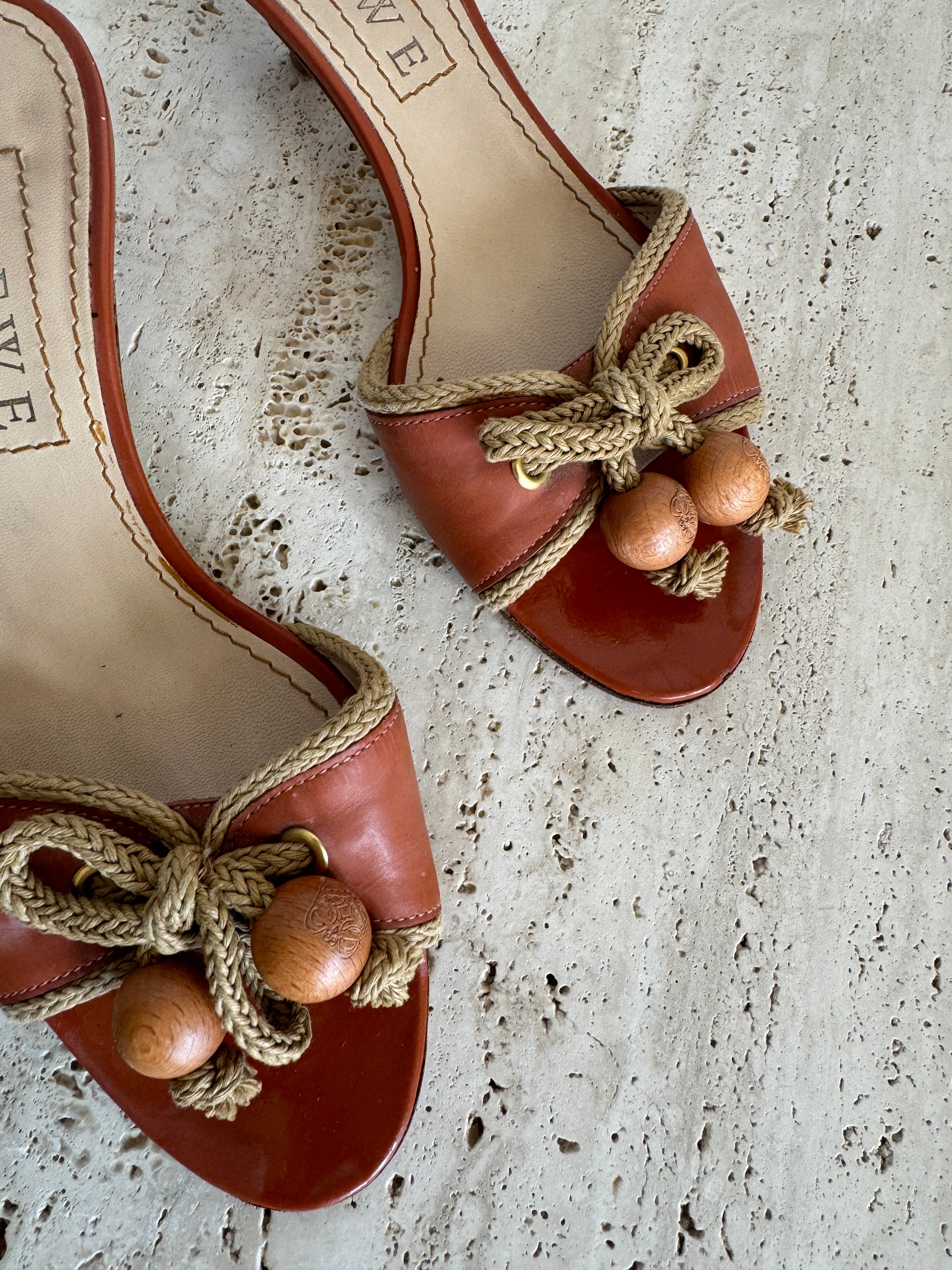 Vintage 90s Loewe Tan Rope Kitten Heels