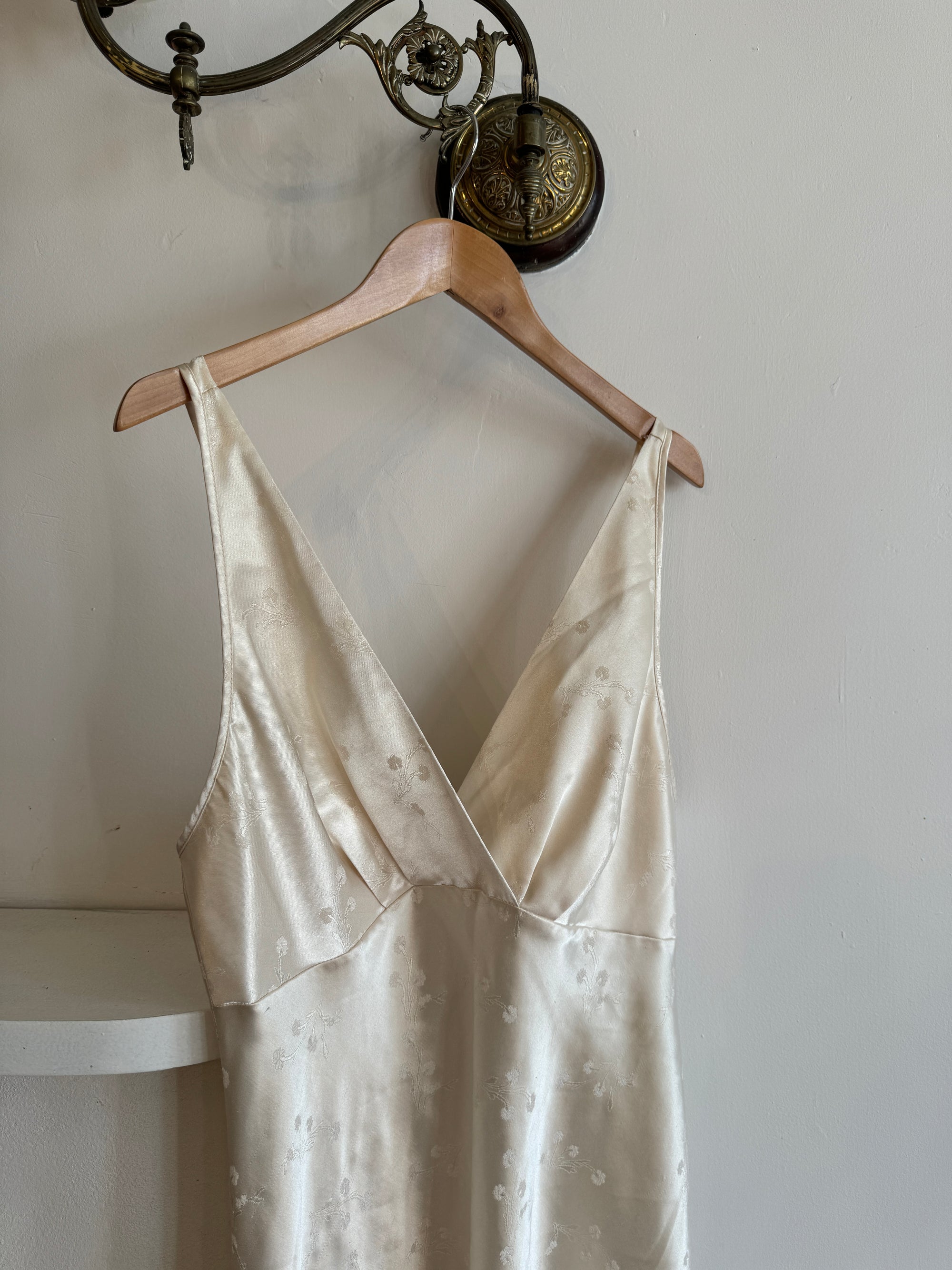 Vintage Champagne Satin Jacquard Floral Slip