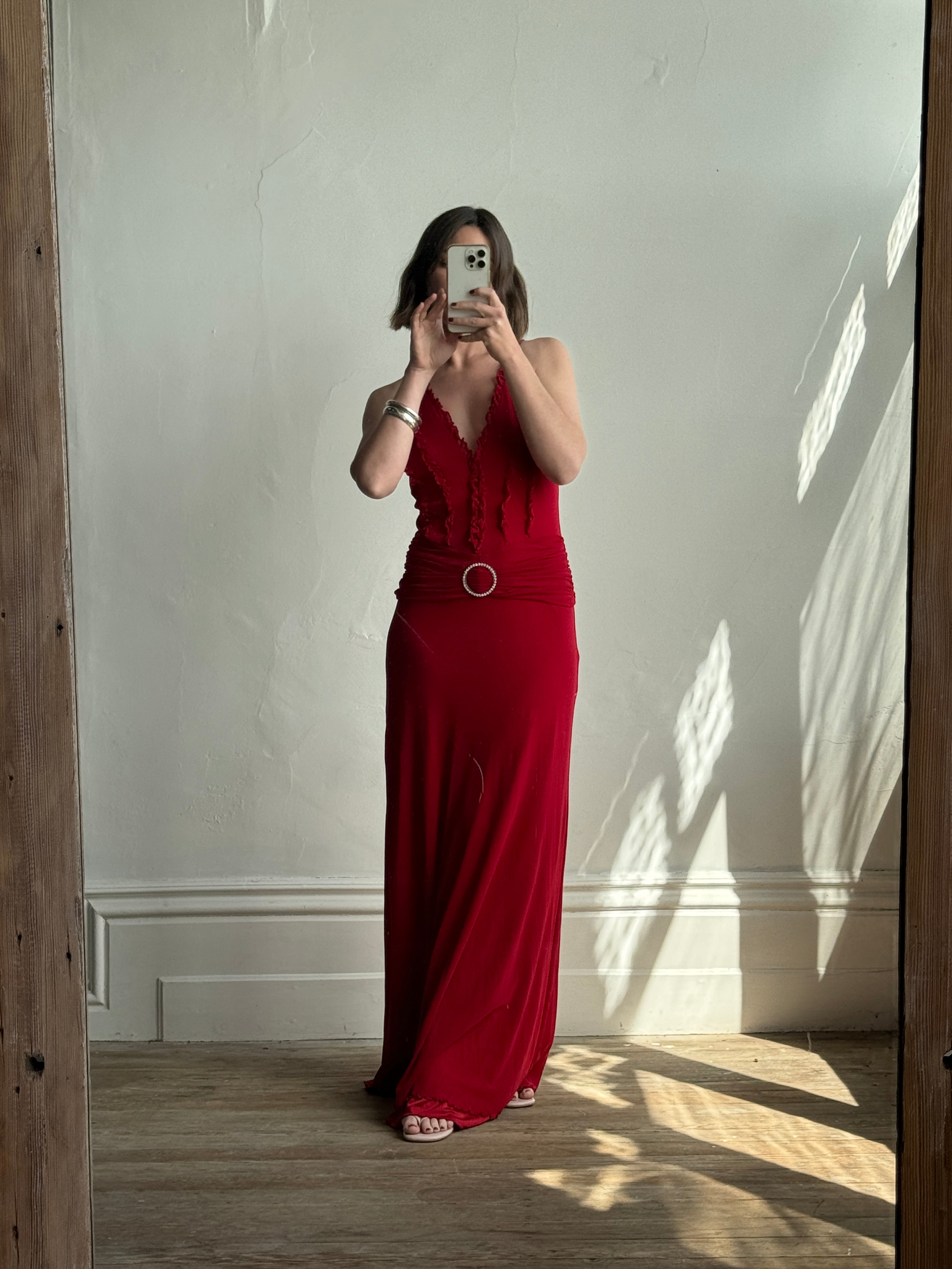 Vintage 90s Flame Red Ruffle Evening Dress with Rhinestone Belt