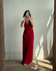 Vintage 90s Flame Red Ruffle Evening Dress with Rhinestone Belt