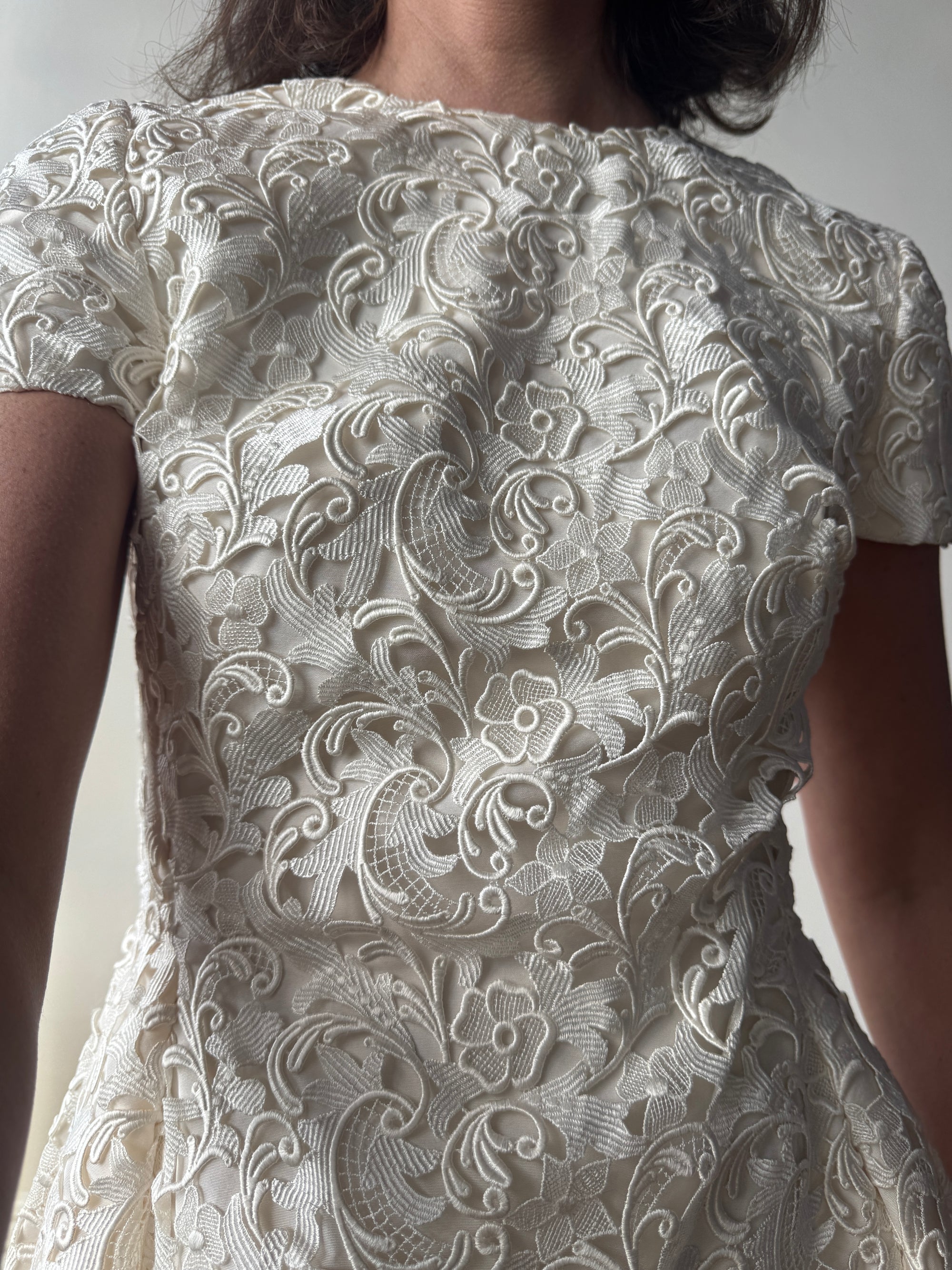 Vintage 90s Christian Dior Guipure Lace Structured Bridal Mini Creme