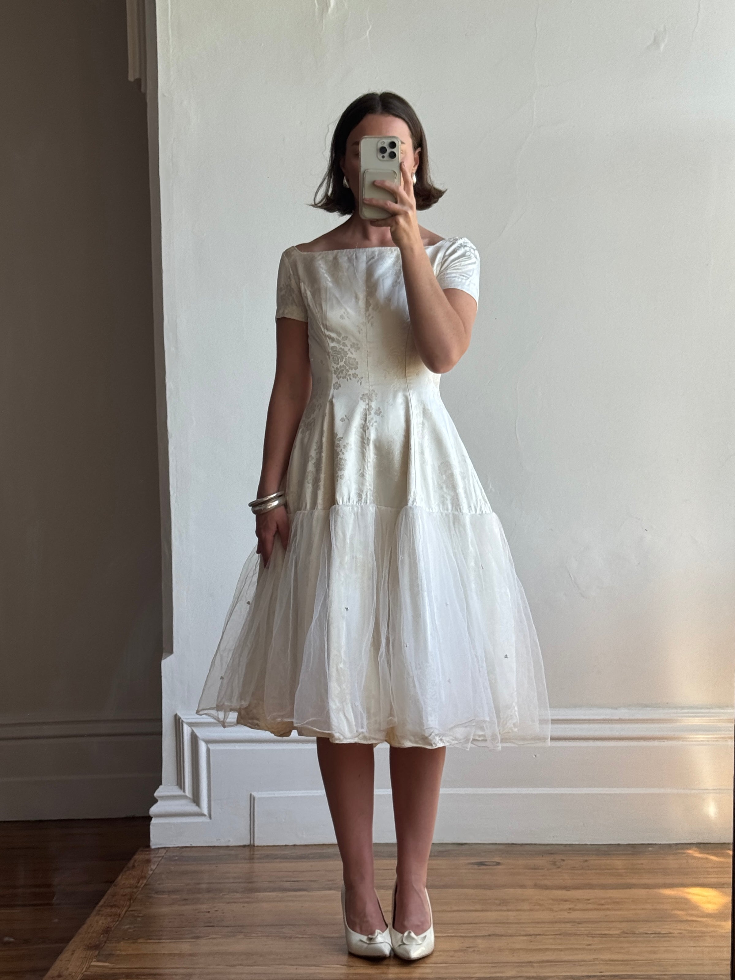 Vintage 50s Tea Length Jacquard Satin and Tulle Wedding Dress