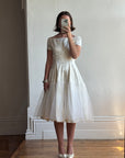 Vintage 50s Tea Length Jacquard Satin and Tulle Wedding Dress