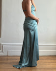 Vintage 90s Teal Satin High Low Prom Dress