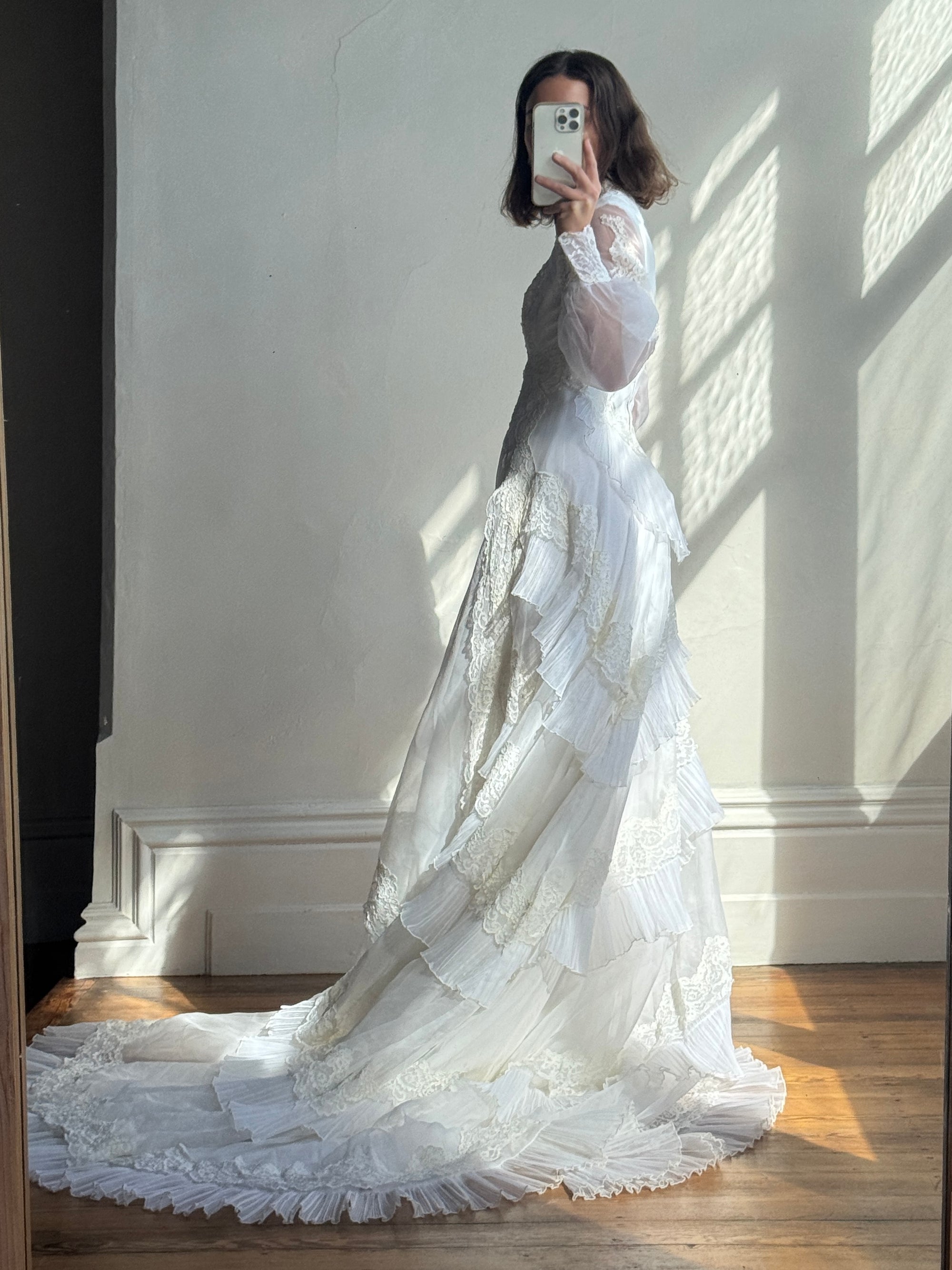 Vintage 60s Lace Wedding Dress With Pleated Ruffle Train