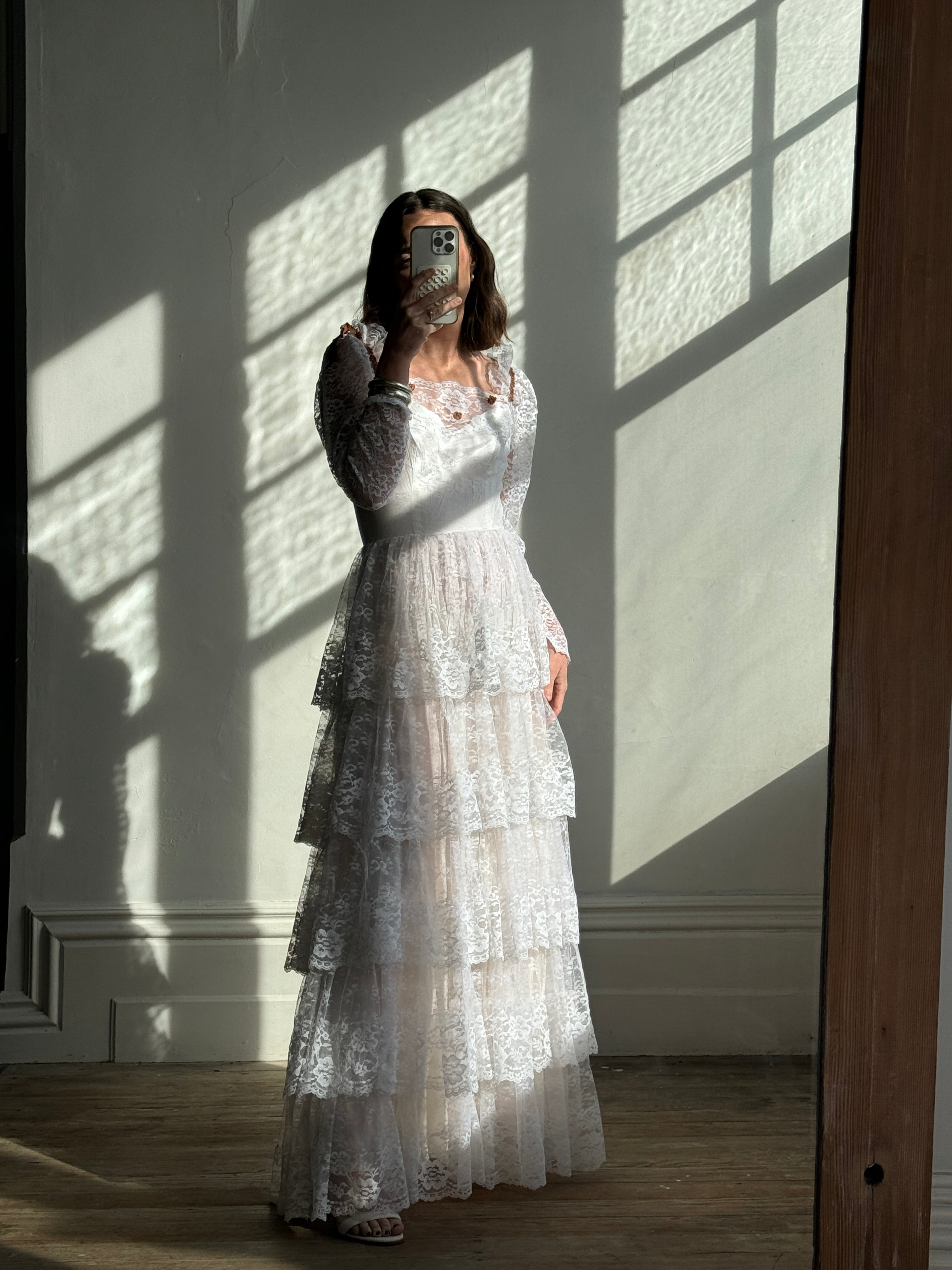 Vintage 70s Tiered Lace Wedding Dress with Brown Floral Embroidery