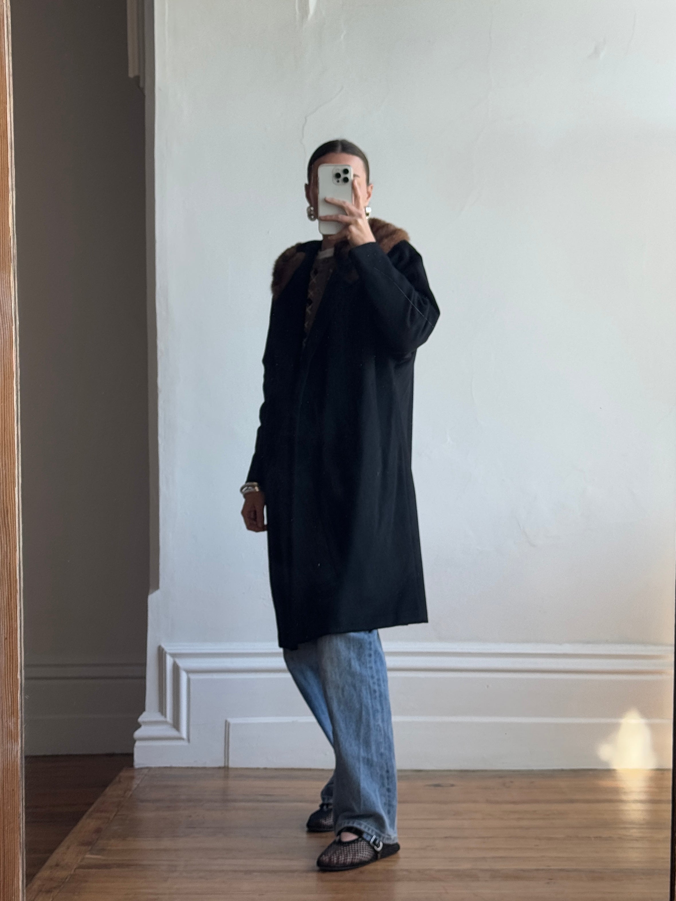 Vintage 60s Noir Pure Wool Mid Length Overcoat with Fur Collar