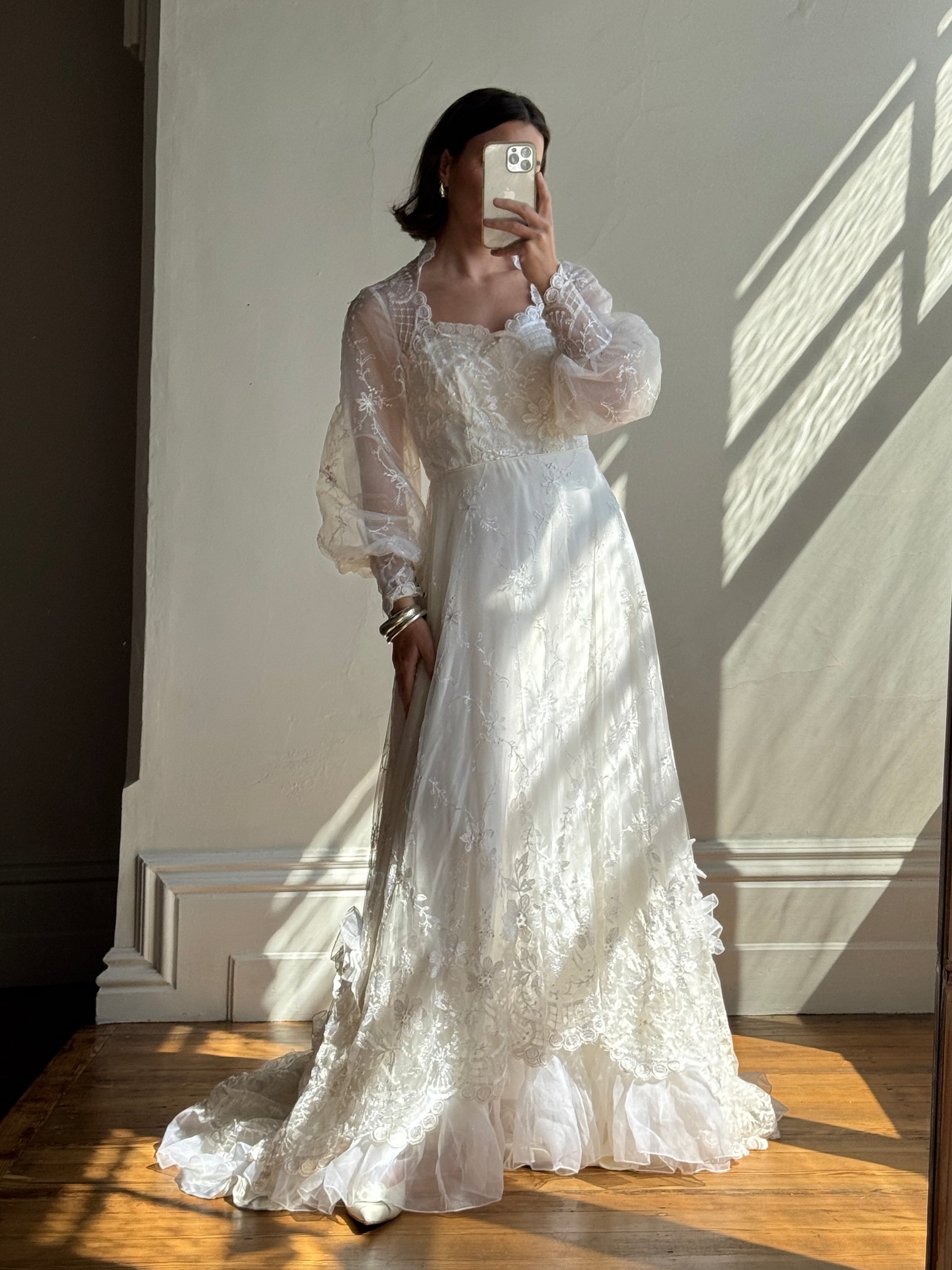 Vintage 70s Embroidered Prairie Long Sleeved Wedding Gown