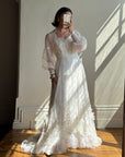 Vintage 70s Embroidered Prairie Long Sleeved Wedding Gown