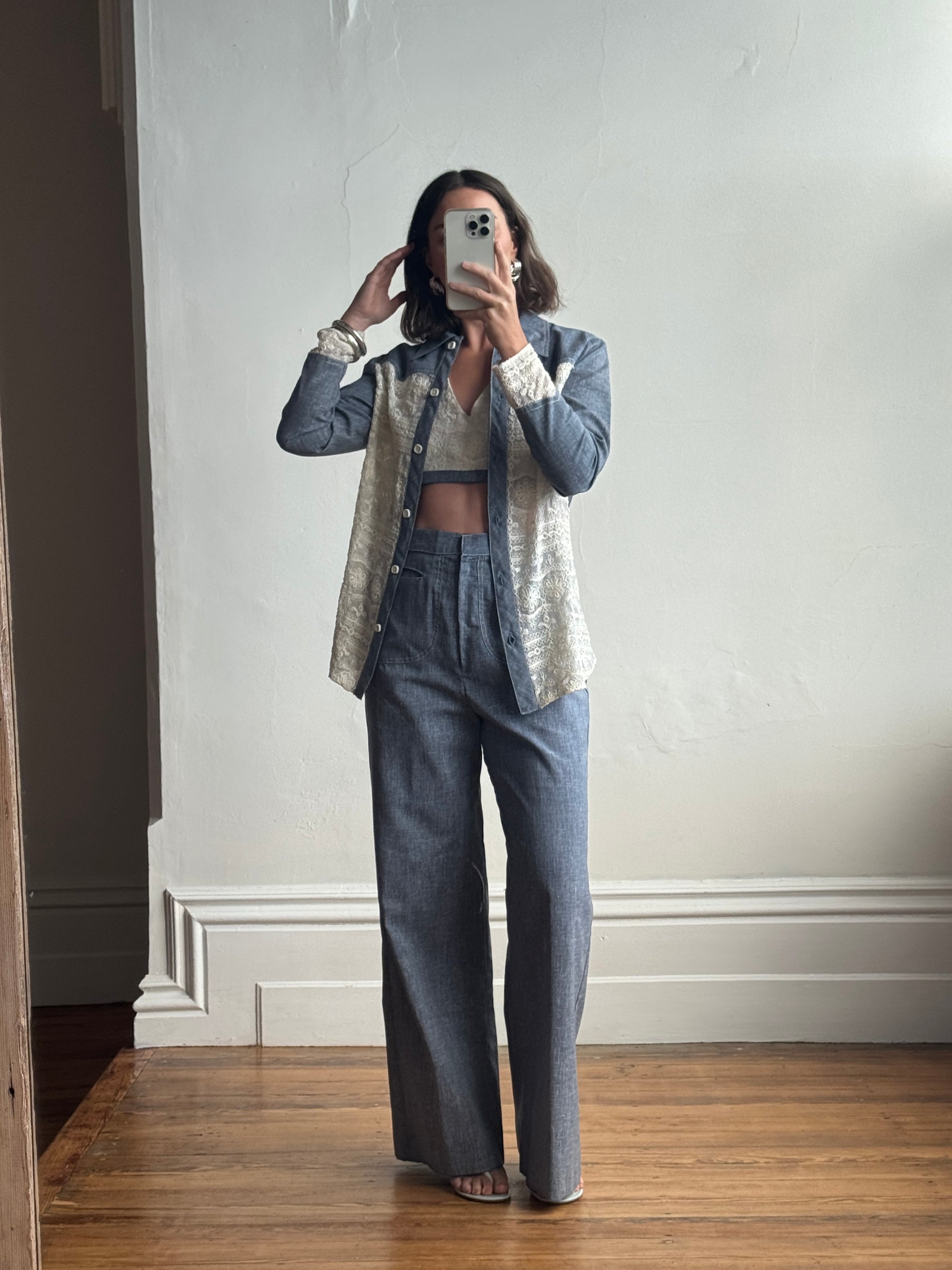 Vintage 70s 3 piece Chambray and Lace Western Set