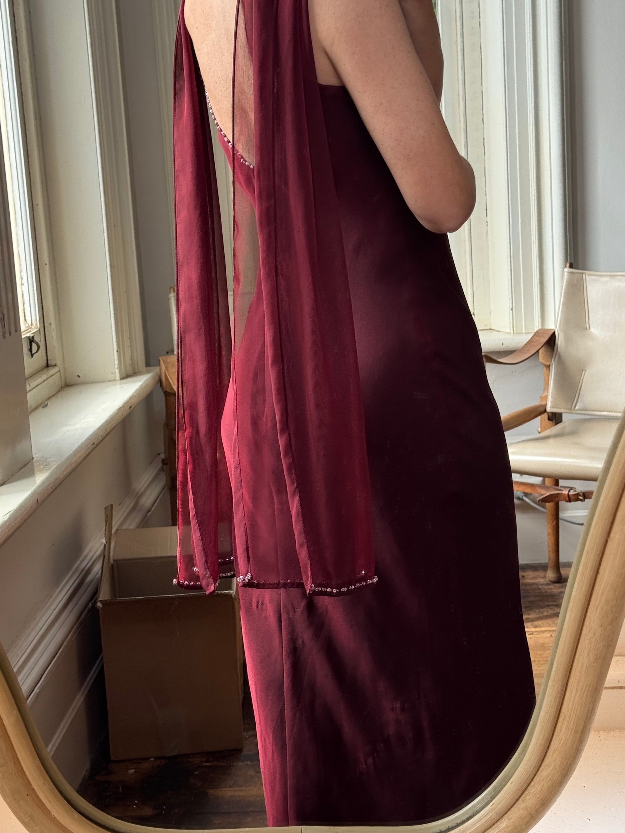 Vintage 90s Burgundy Slip Dress With Pink Sequins and Scarf