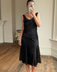 Vintage 90s Satin Drop Waist Midi Dress Noir