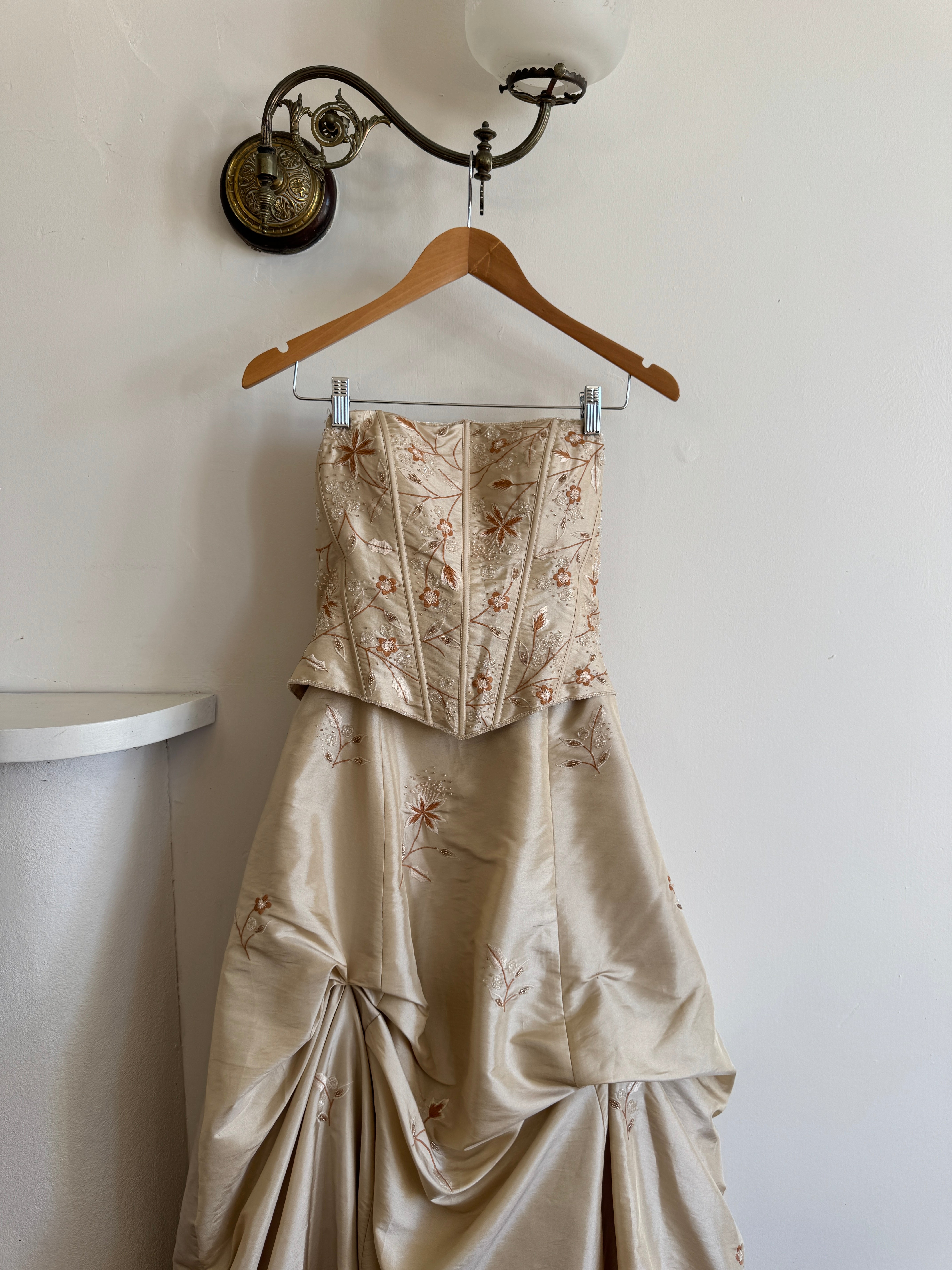 Vintage 90s Golden Embroidered Princess Strapless Gown