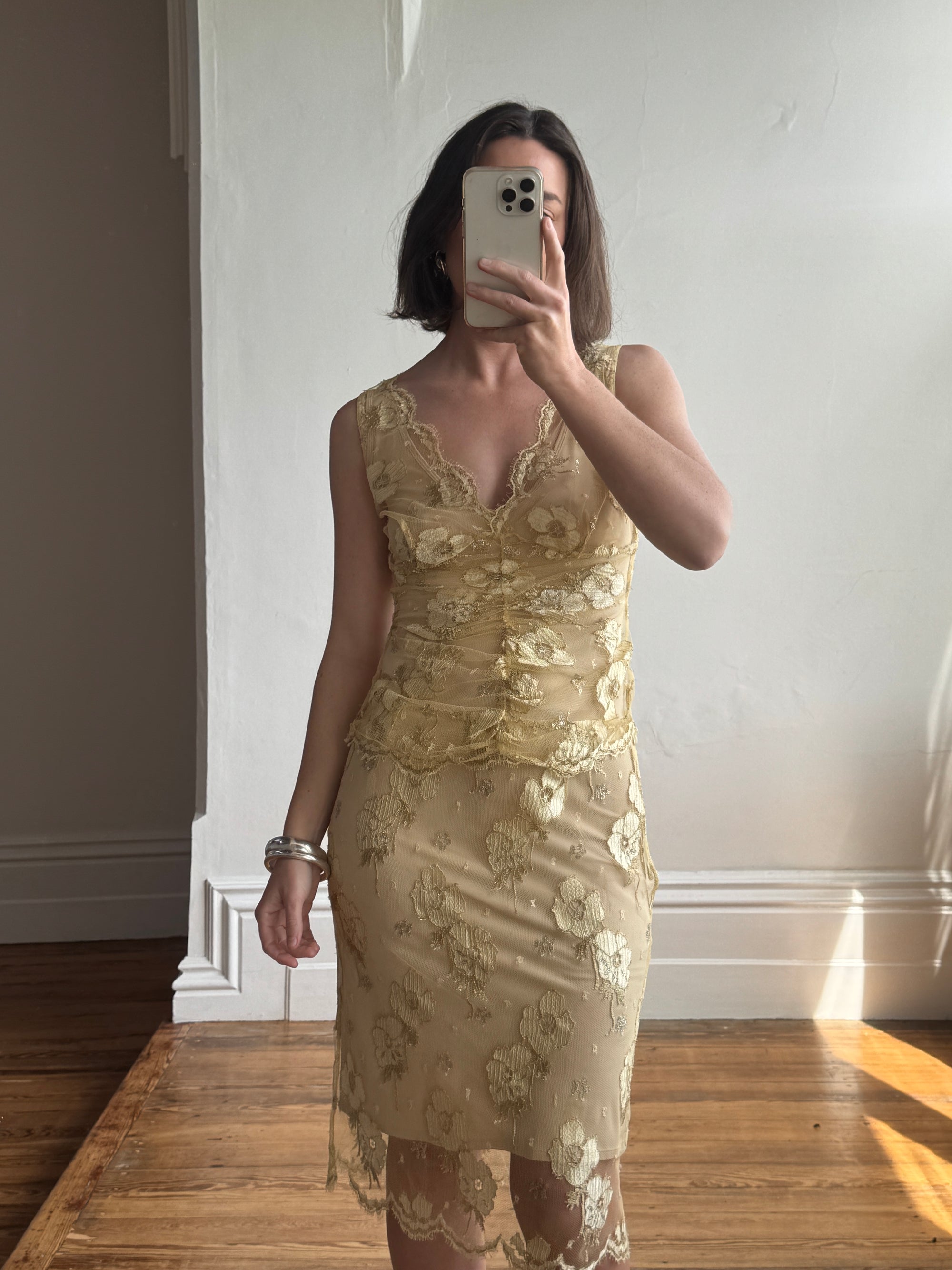 Vintage 2002 Collette Dinnigan Gold Foil Floral Two Piece Set