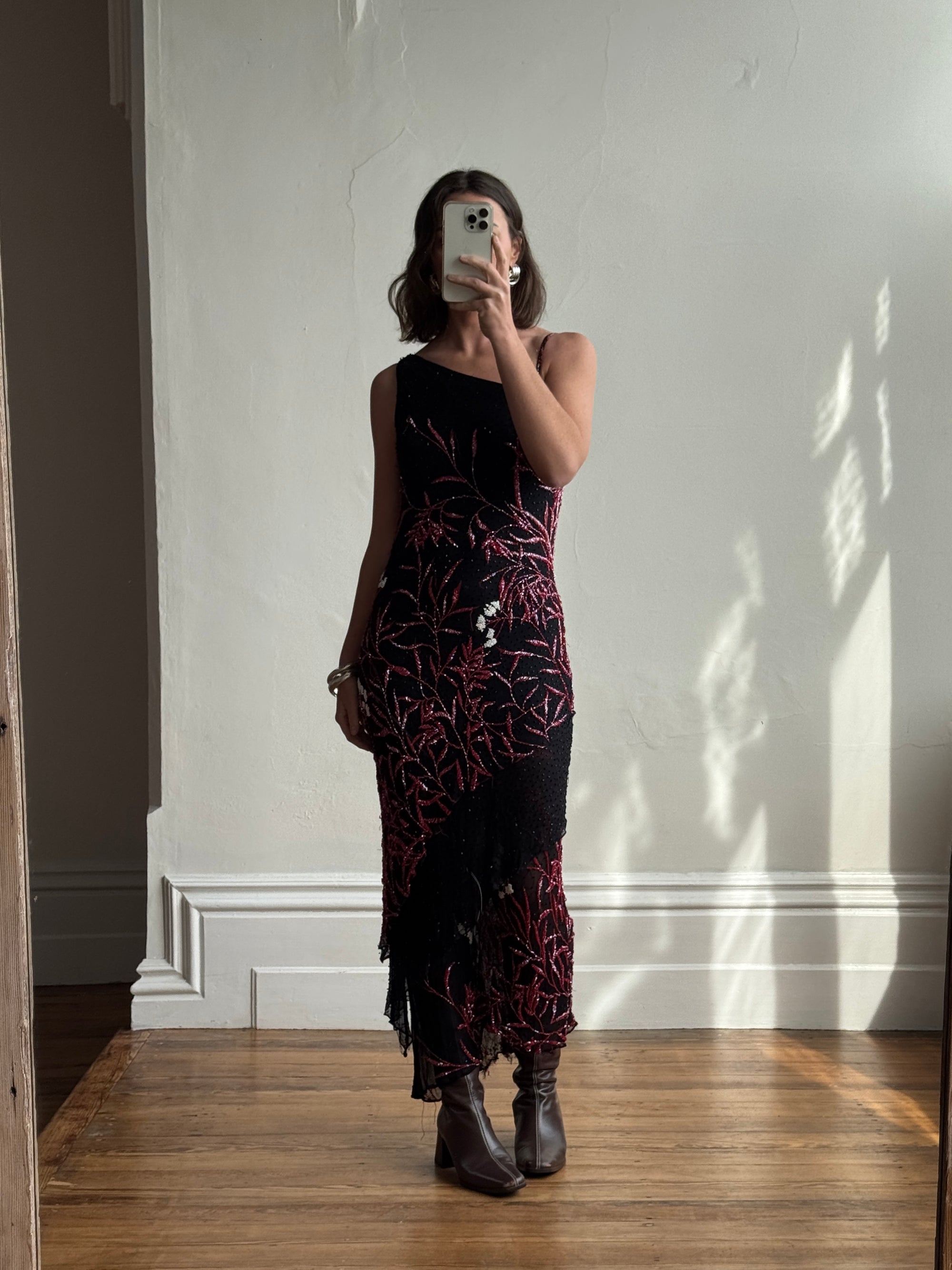 Vintage 90s Beaded Asymmetrical Evening Dress Red Vine