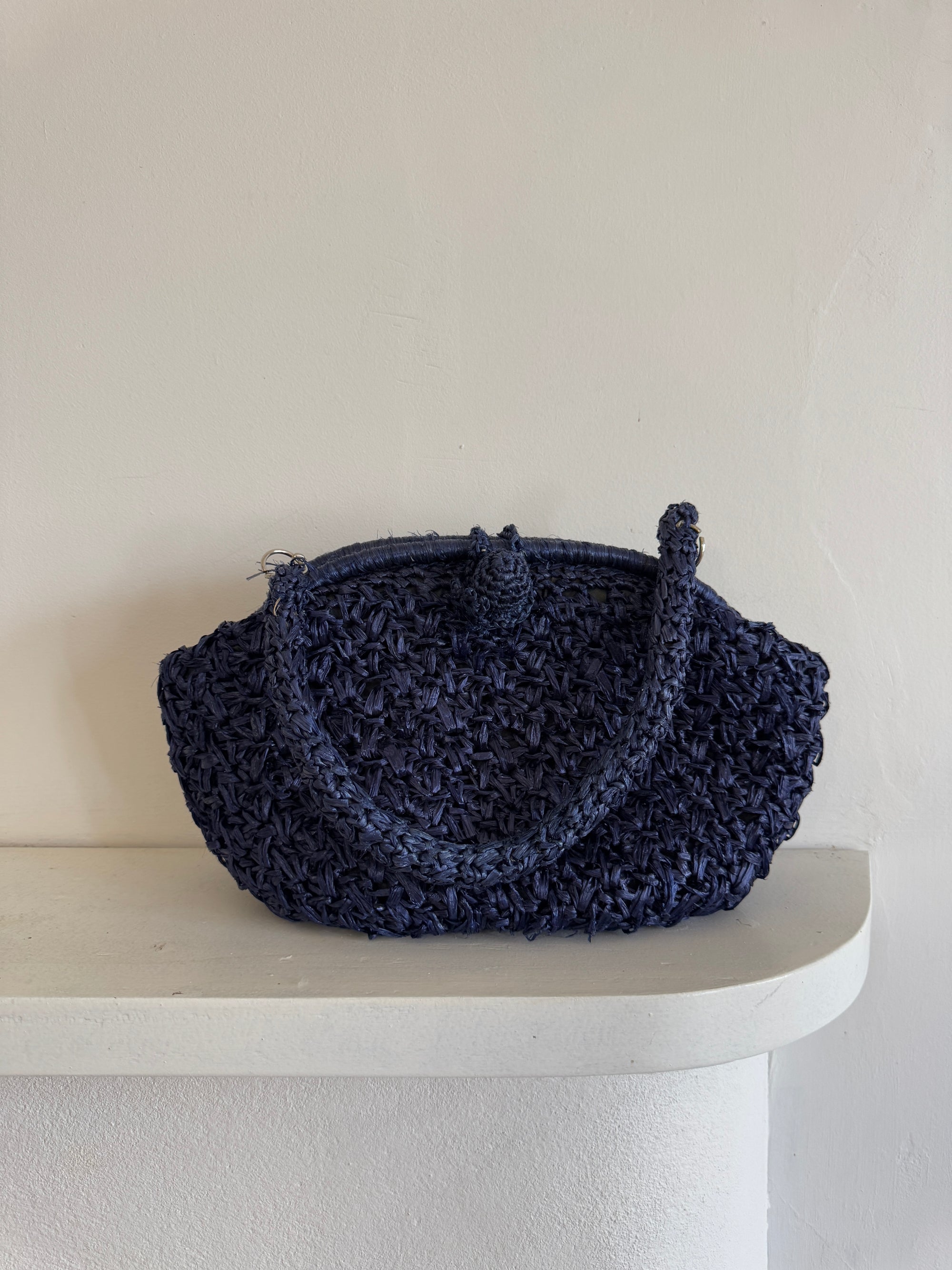 Vintage Raffia Shoulder Bag Navy