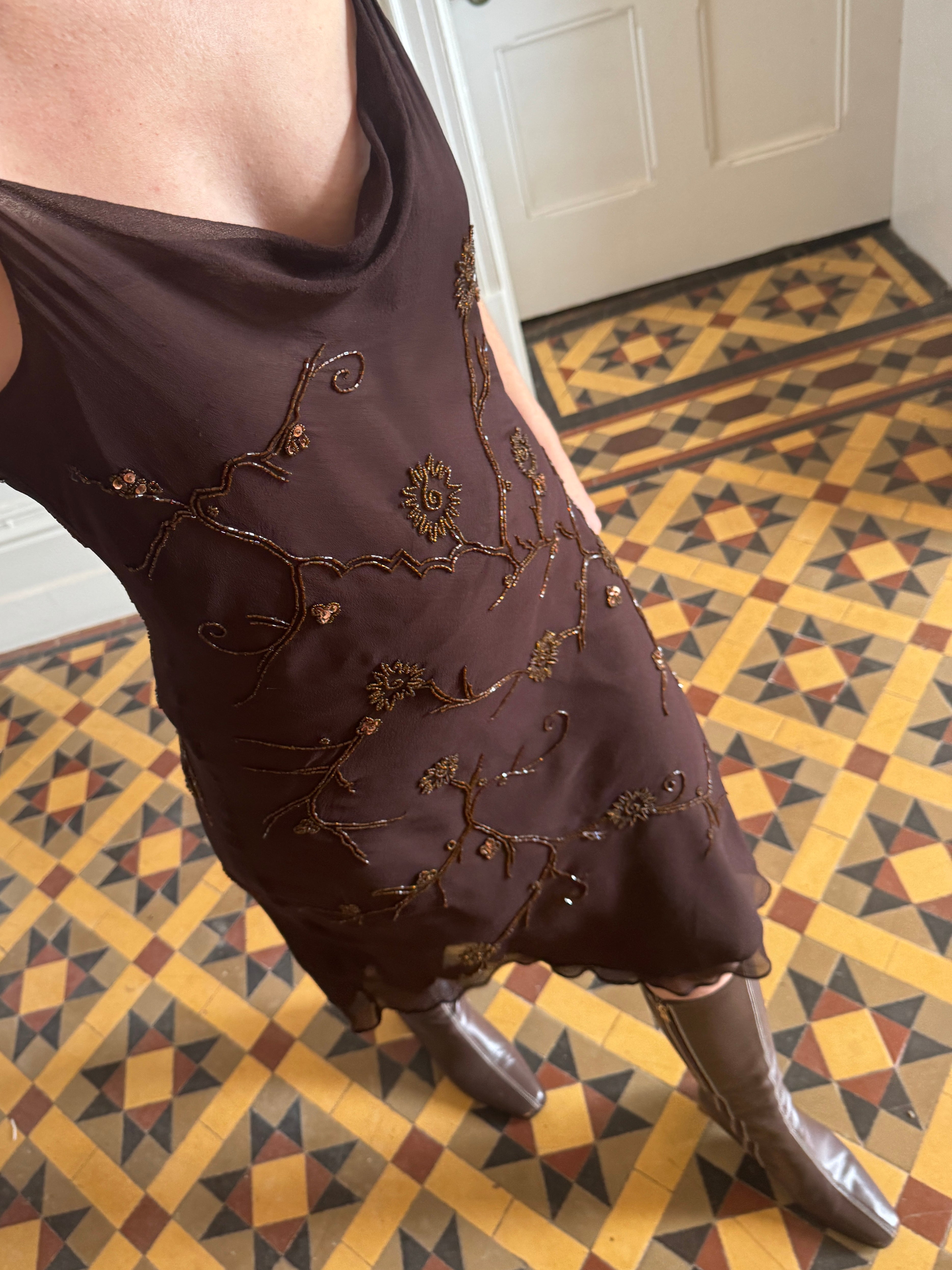 Vintage 90s Pure Silk Bias Cut Beaded Dress Brown