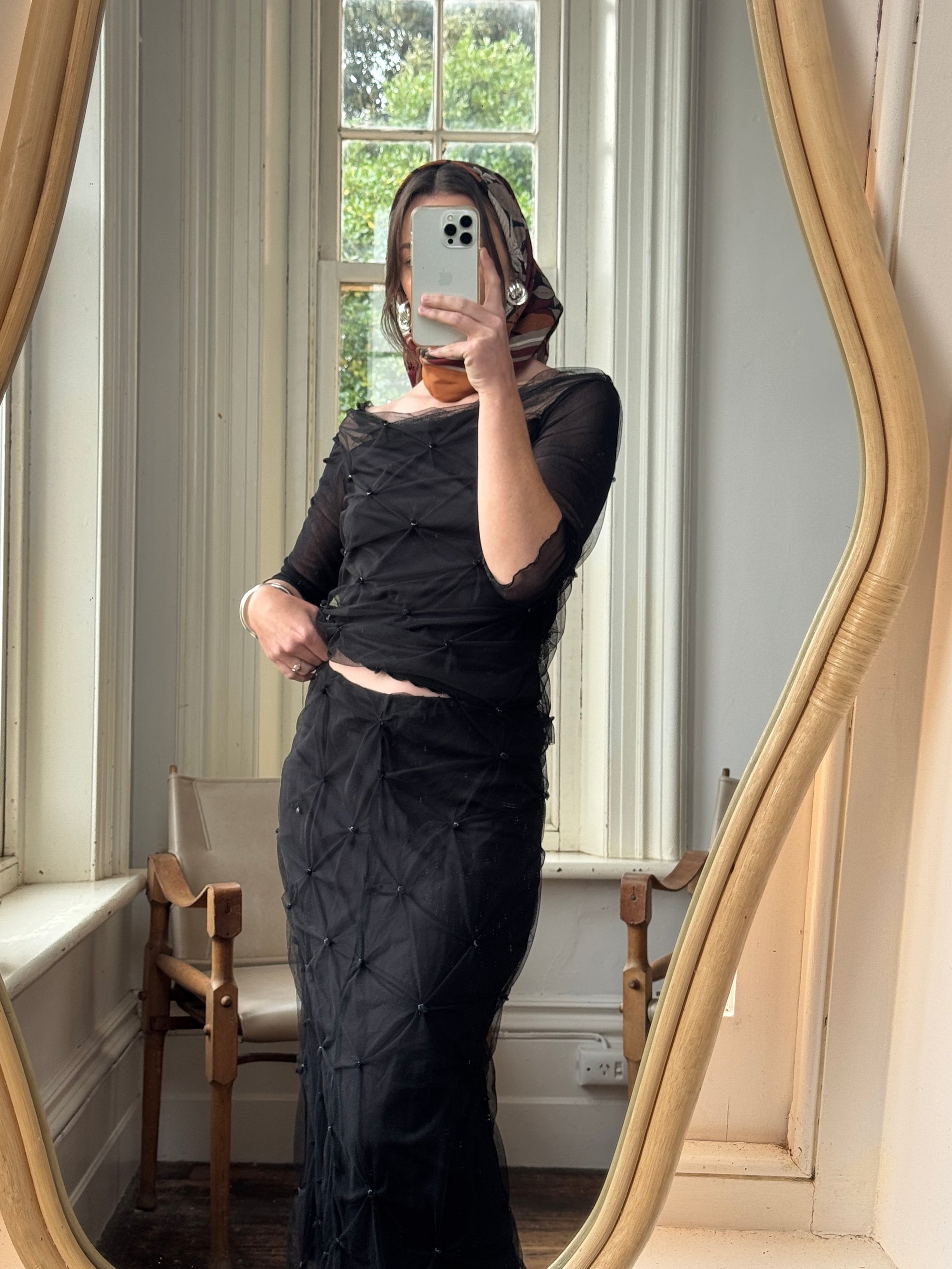 Vintage 90s Mesh Smocked Two Piece Set noir