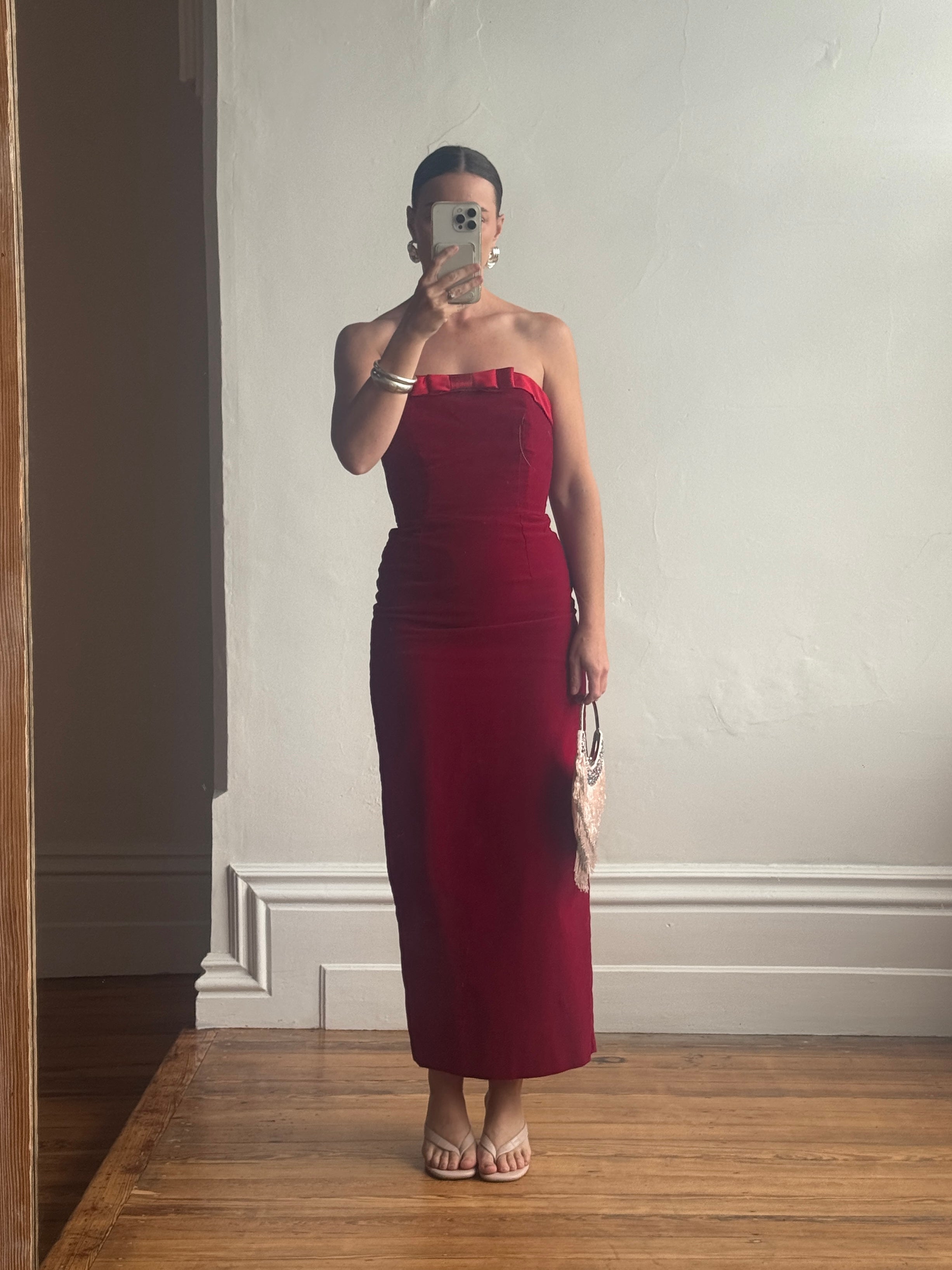 Vintage 90s Red Velvet Strapless Midi Dress with Bow