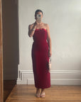 Vintage 90s Red Velvet Strapless Midi Dress with Bow