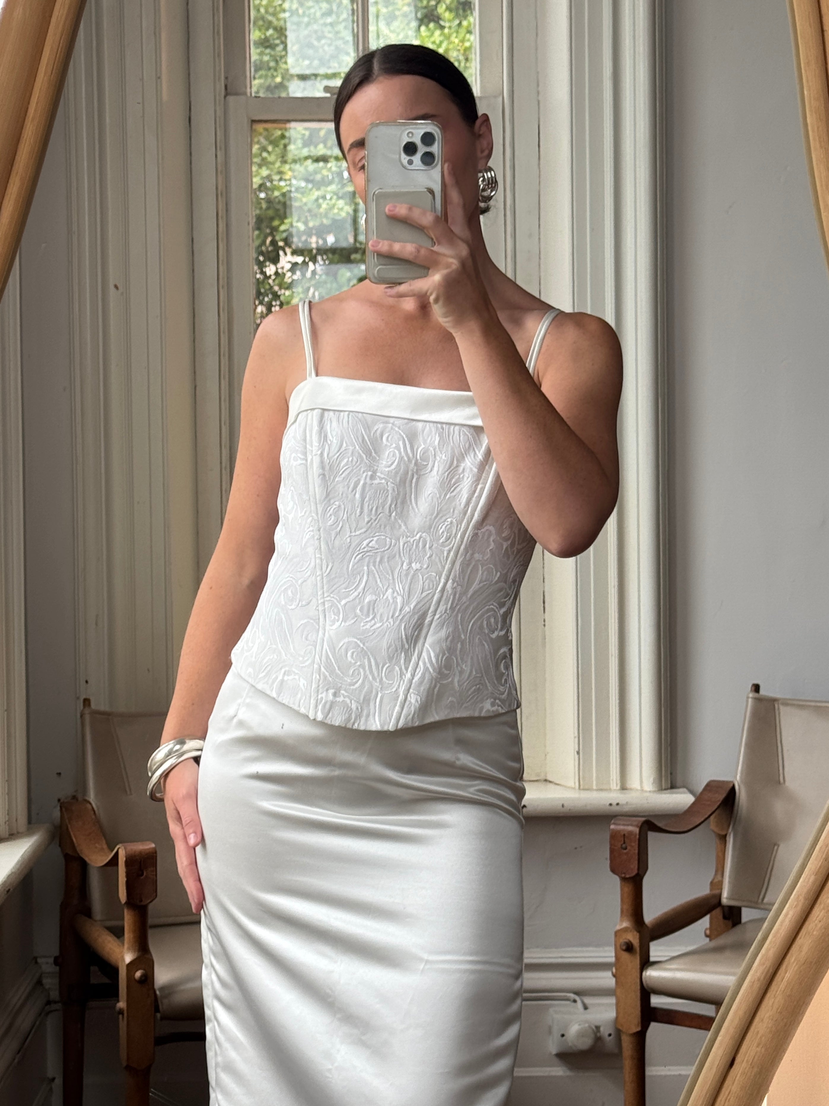Vintage 90s Satin Jacquard Bodice and Skirt Set Ivory