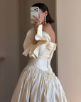 Vintage 90s Silk Dupion Off Shoulder Rosette Bridal Ballgown