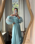 Vintage 80s Sky Blue Tulle Off Shoulder Party Dress