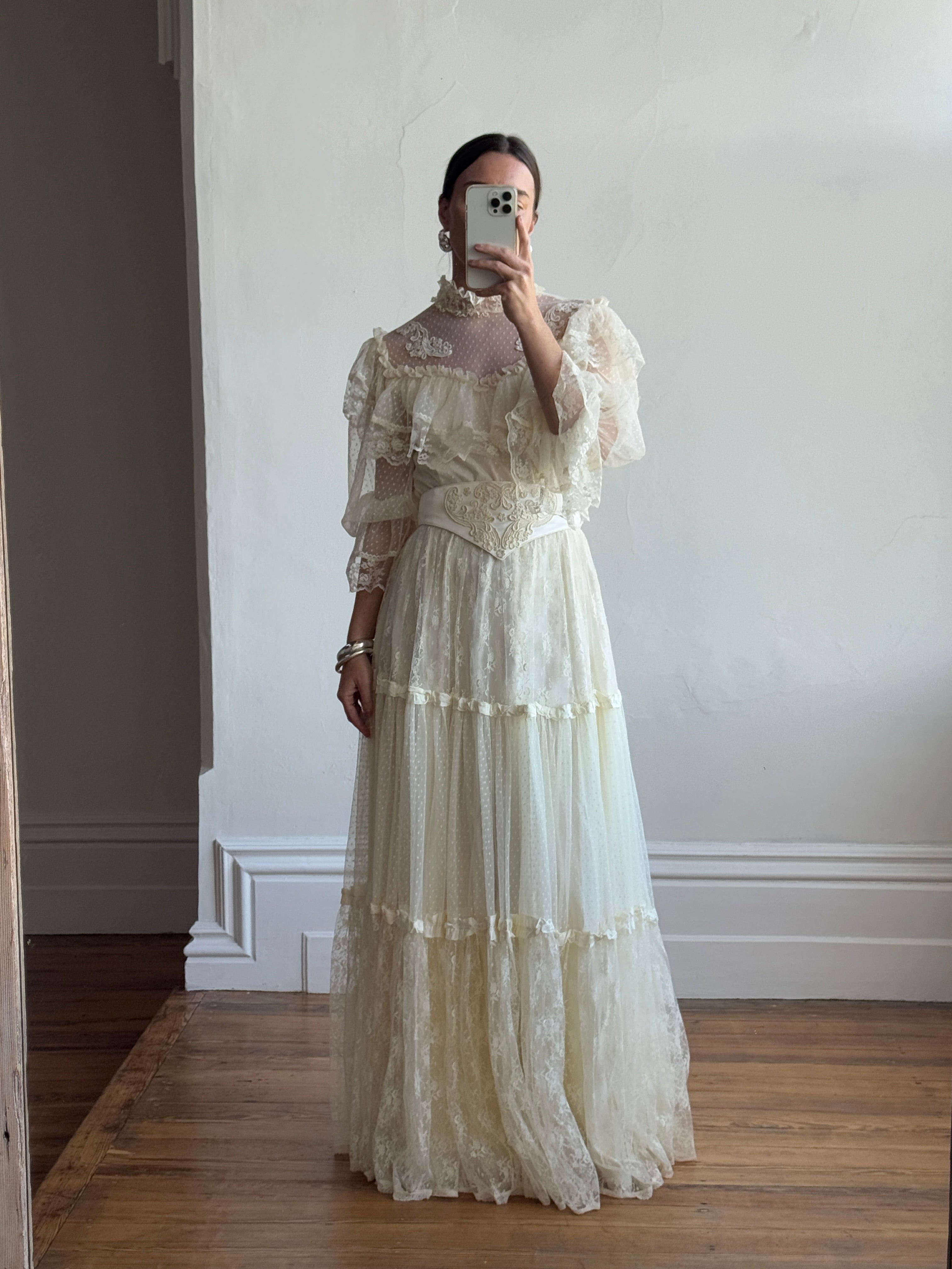 Vintage 70s Prairie Lace Wedding Gown with Beaded Basque Waist Belt