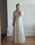 Vintage 70s Prairie Lace Wedding Gown with Beaded Basque Waist Belt