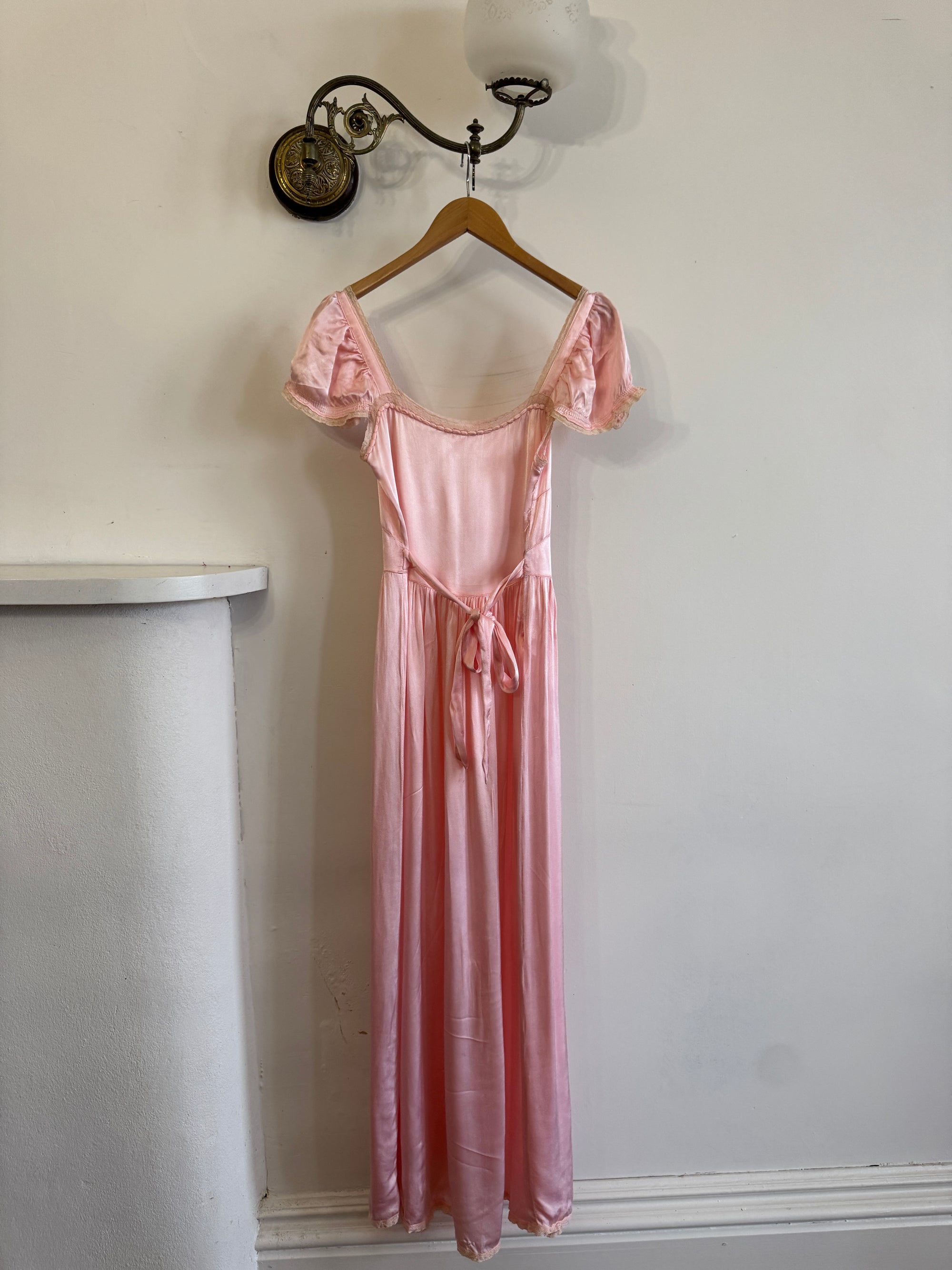 Vintage 30s Baby Pink Liquid Satin Slip with Creme Lace Trim