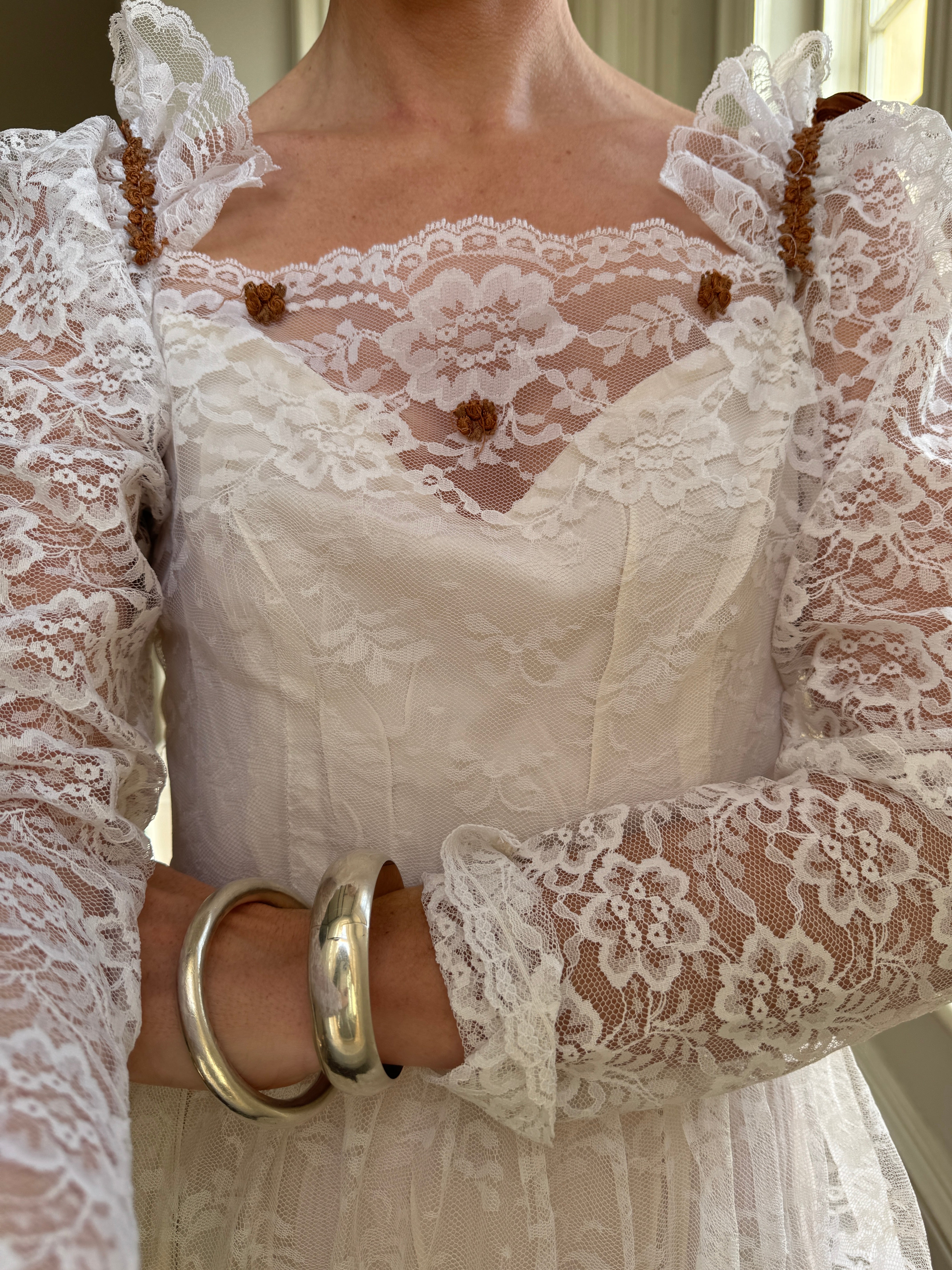 Vintage 70s Tiered Lace Wedding Dress with Brown Floral Embroidery