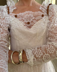 Vintage 70s Tiered Lace Wedding Dress with Brown Floral Embroidery