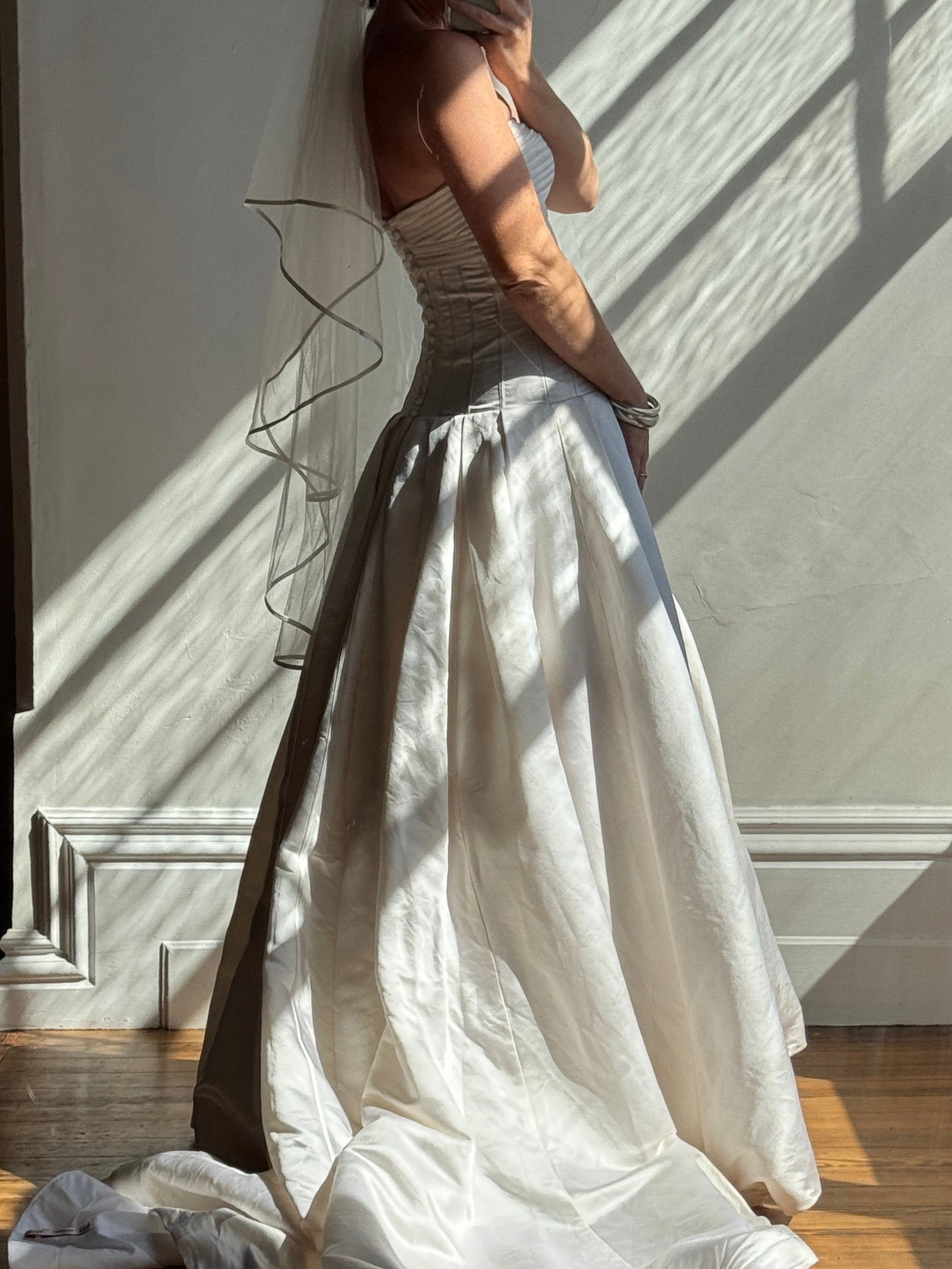 Vintage Y2K Pure Silk Drop Waist Satin Strapless Wedding Gown