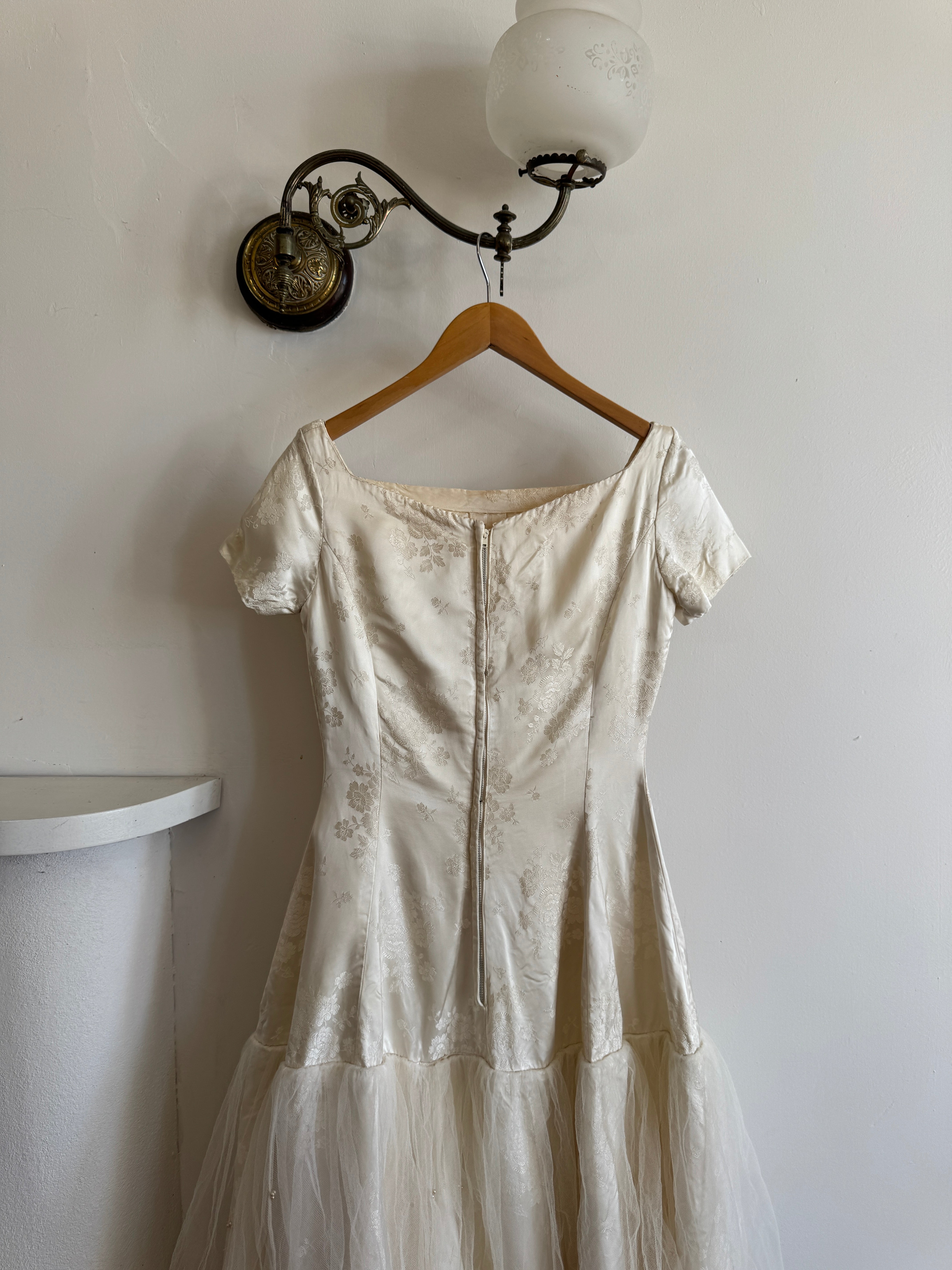 Vintage 50s Tea Length Jacquard Satin and Tulle Wedding Dress