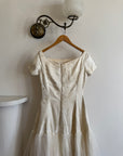 Vintage 50s Tea Length Jacquard Satin and Tulle Wedding Dress