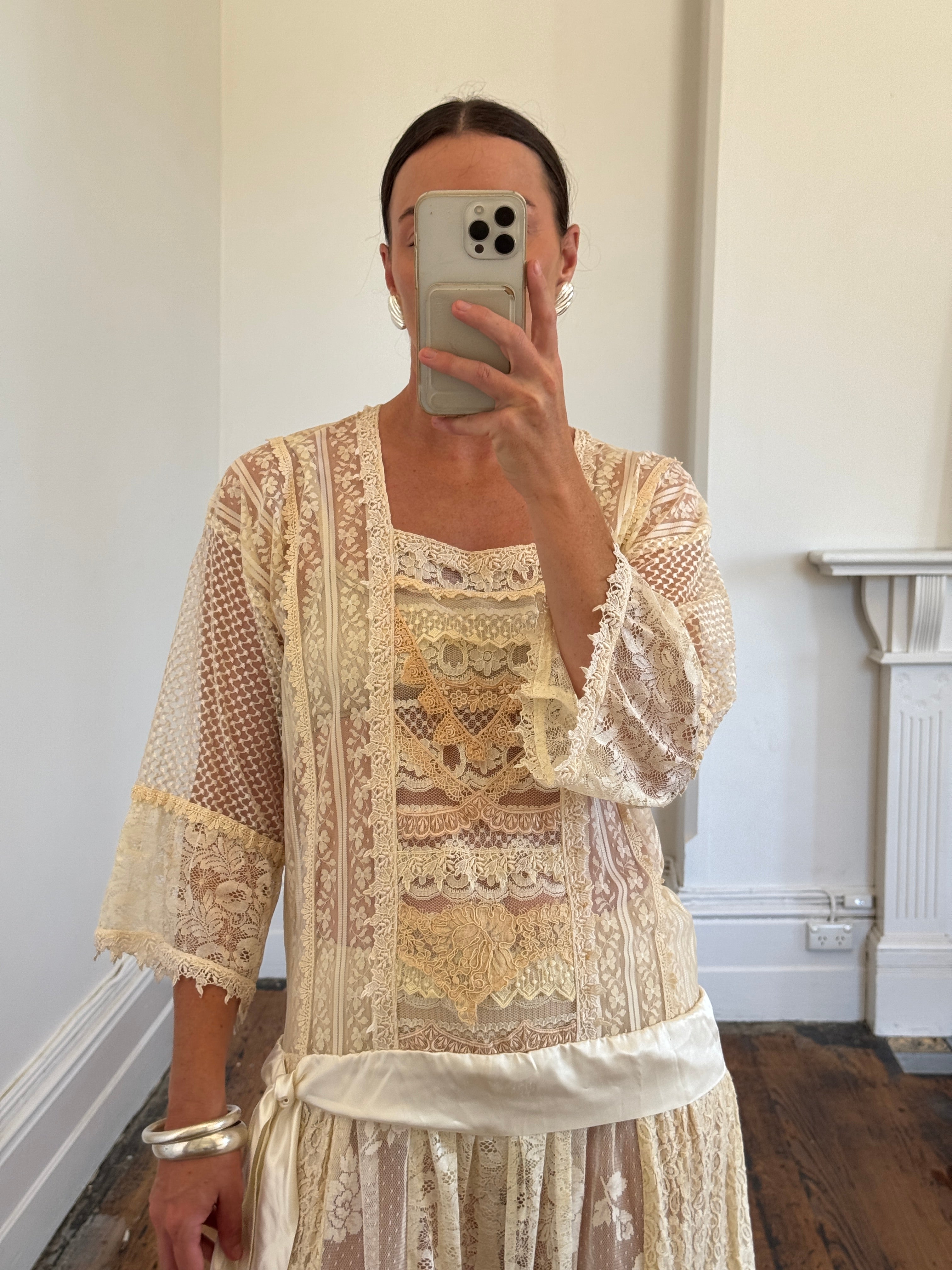 Vintage 80s Drop Waist Patchwork Lace Sheer Wedding Dress