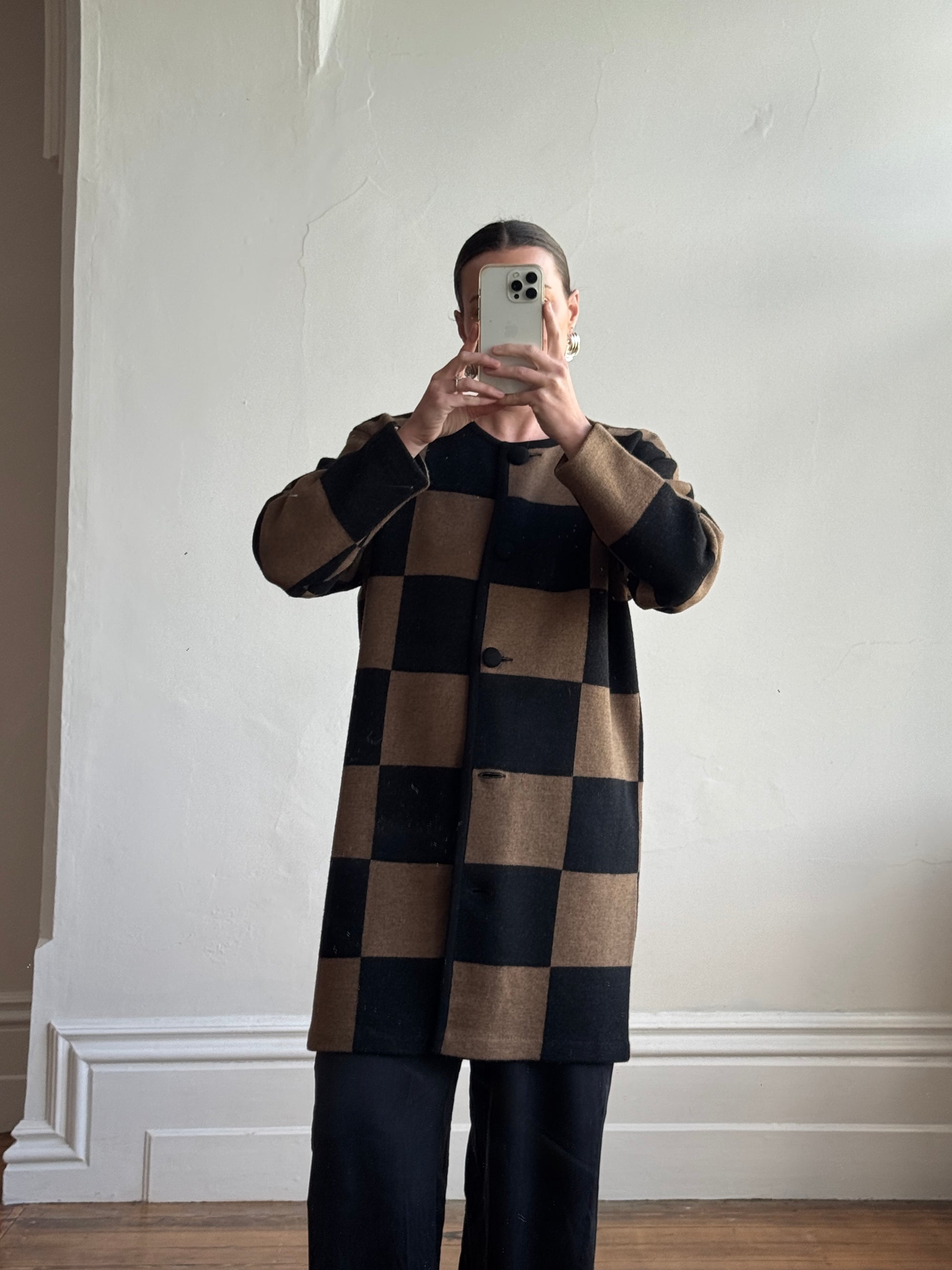 Vintage 80s Pure Wool Checkerboard Oversized Cardi