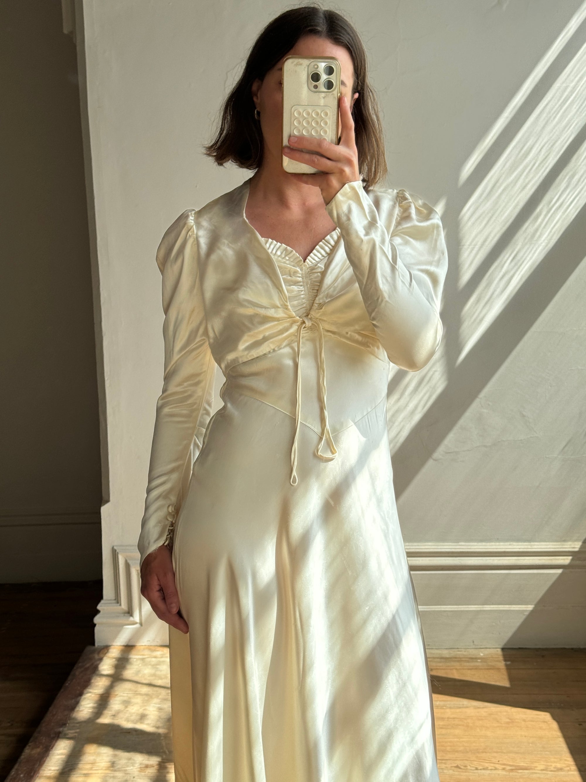 Vintage 30s Creme Liquid Satin Dress with Train and Jacket
