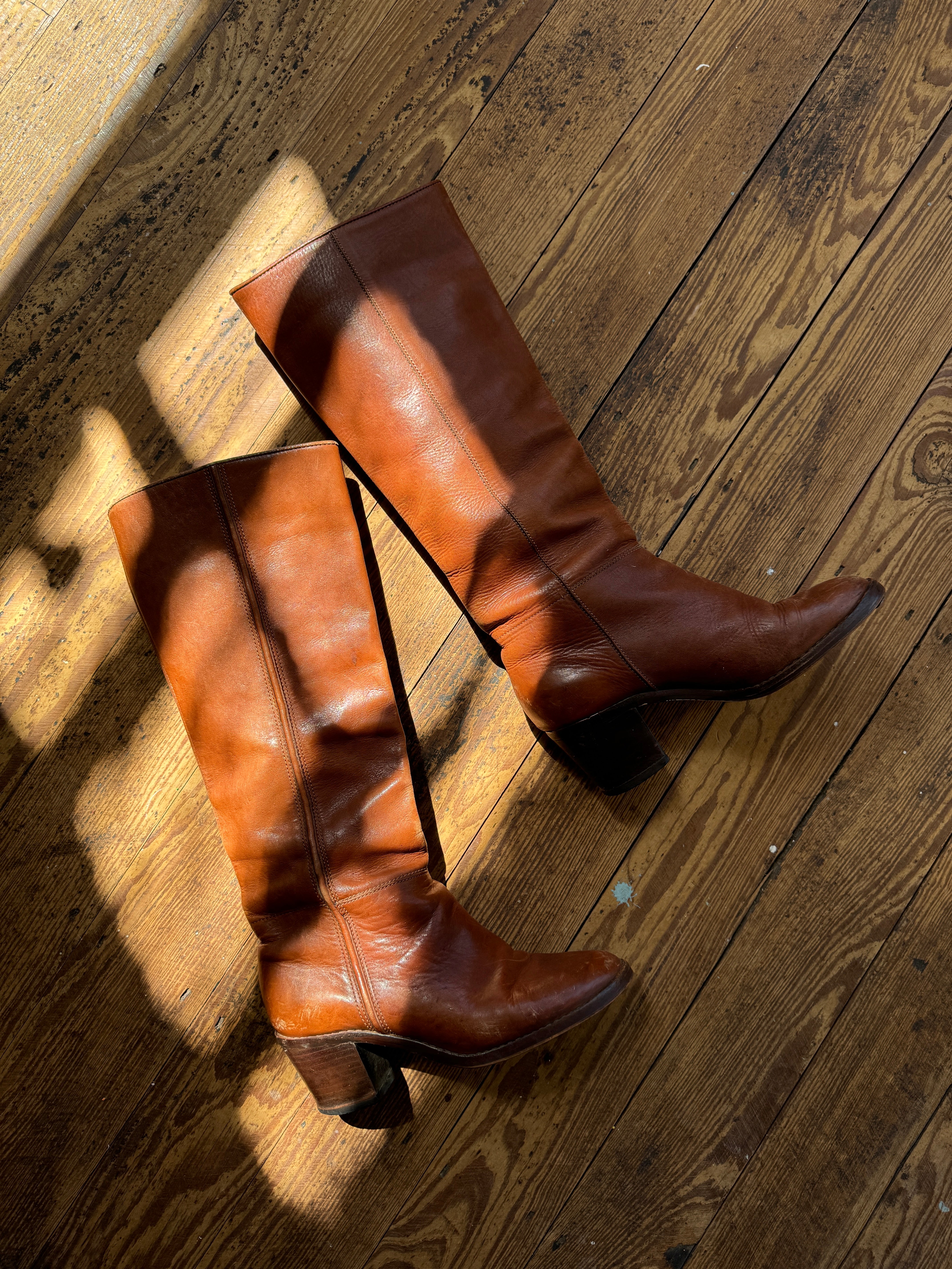 Vintage 70s Cognac Leather Calf High Boots Made in Brazil
