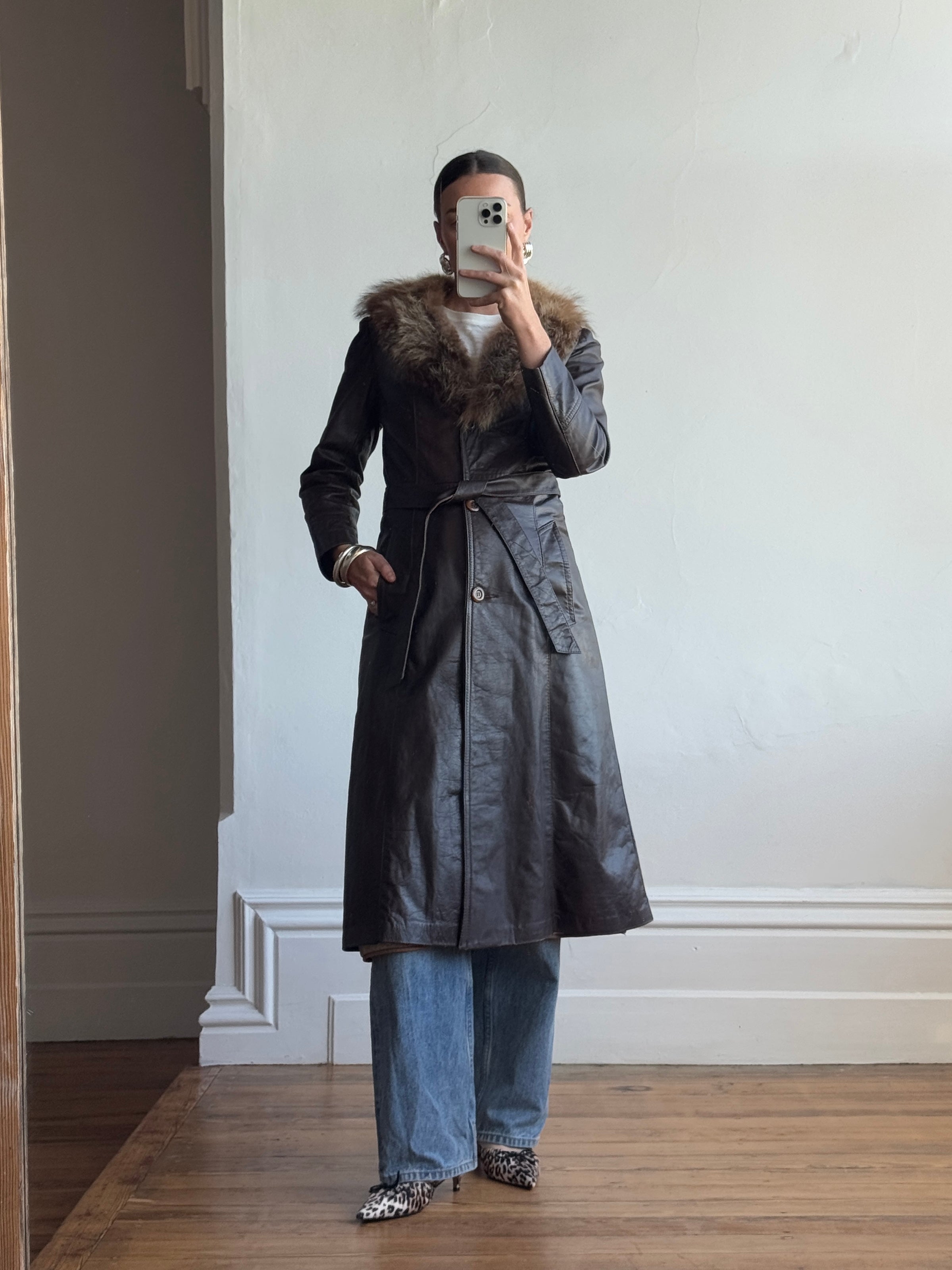 Vintage 70s Chocolate Leather Trench Coat with Fur Collar