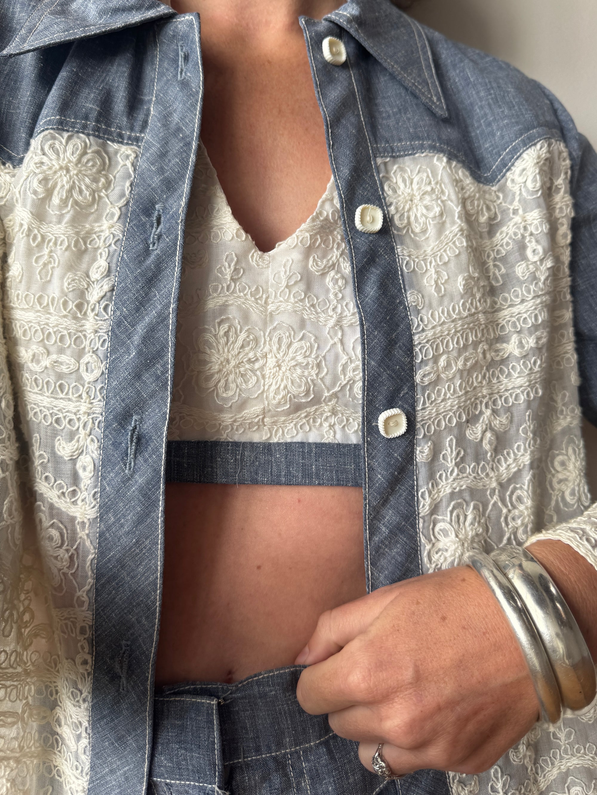 Vintage 70s 3 piece Chambray and Lace Western Set