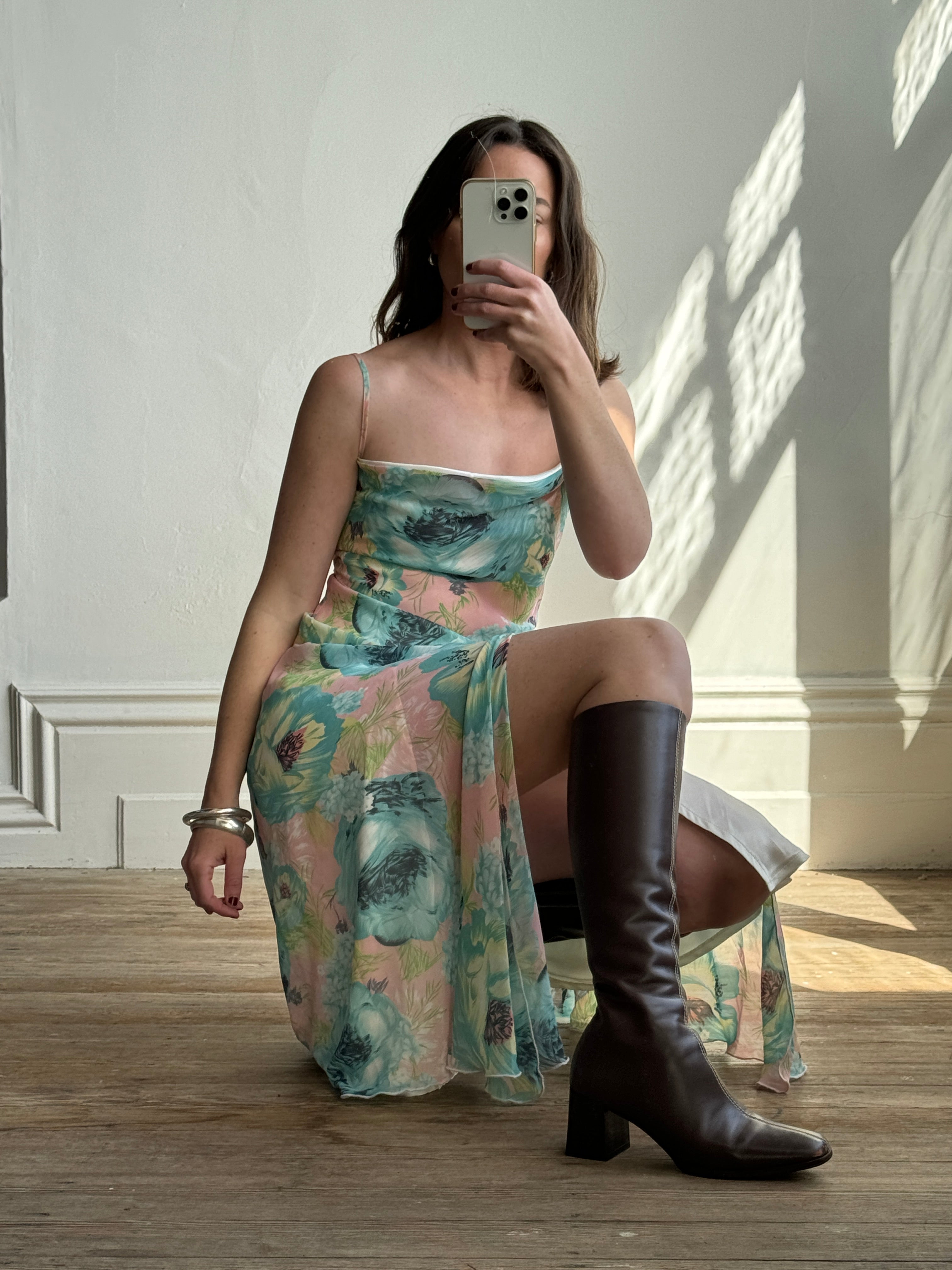 Vintage 90s Peach and Aqua Floral Bias Slip Dress