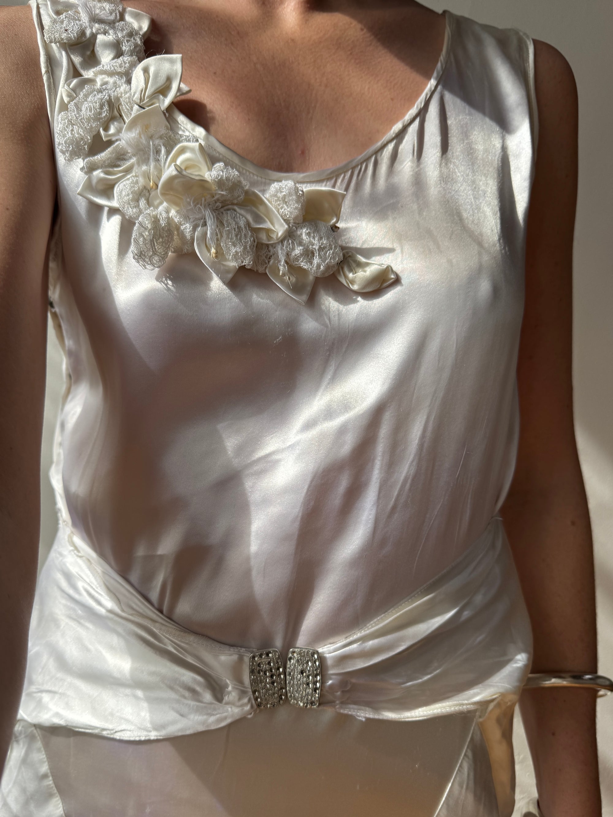 Vintage 30s Satin Bias Belted Bridal Midi