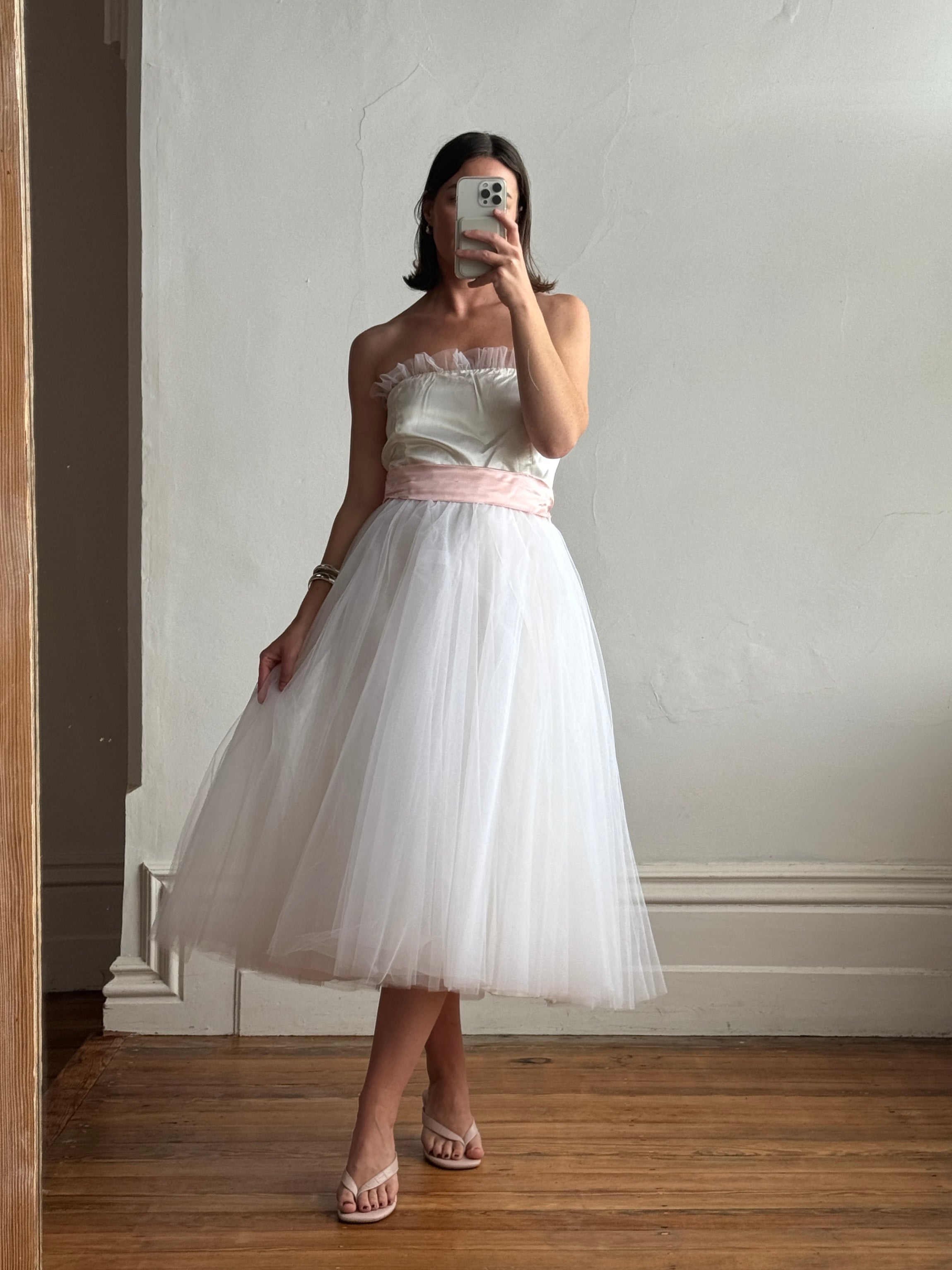 Vintage 80s Cupcake Tulle Dress With Salmon Waist Tie